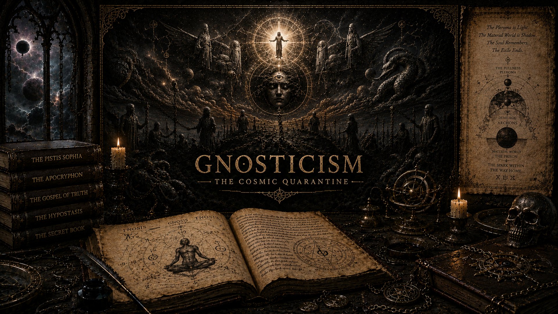 Gnosticism-themed dark fantasy art featuring an open ancient book, candles, a skull, and intricate cosmic diagrams.