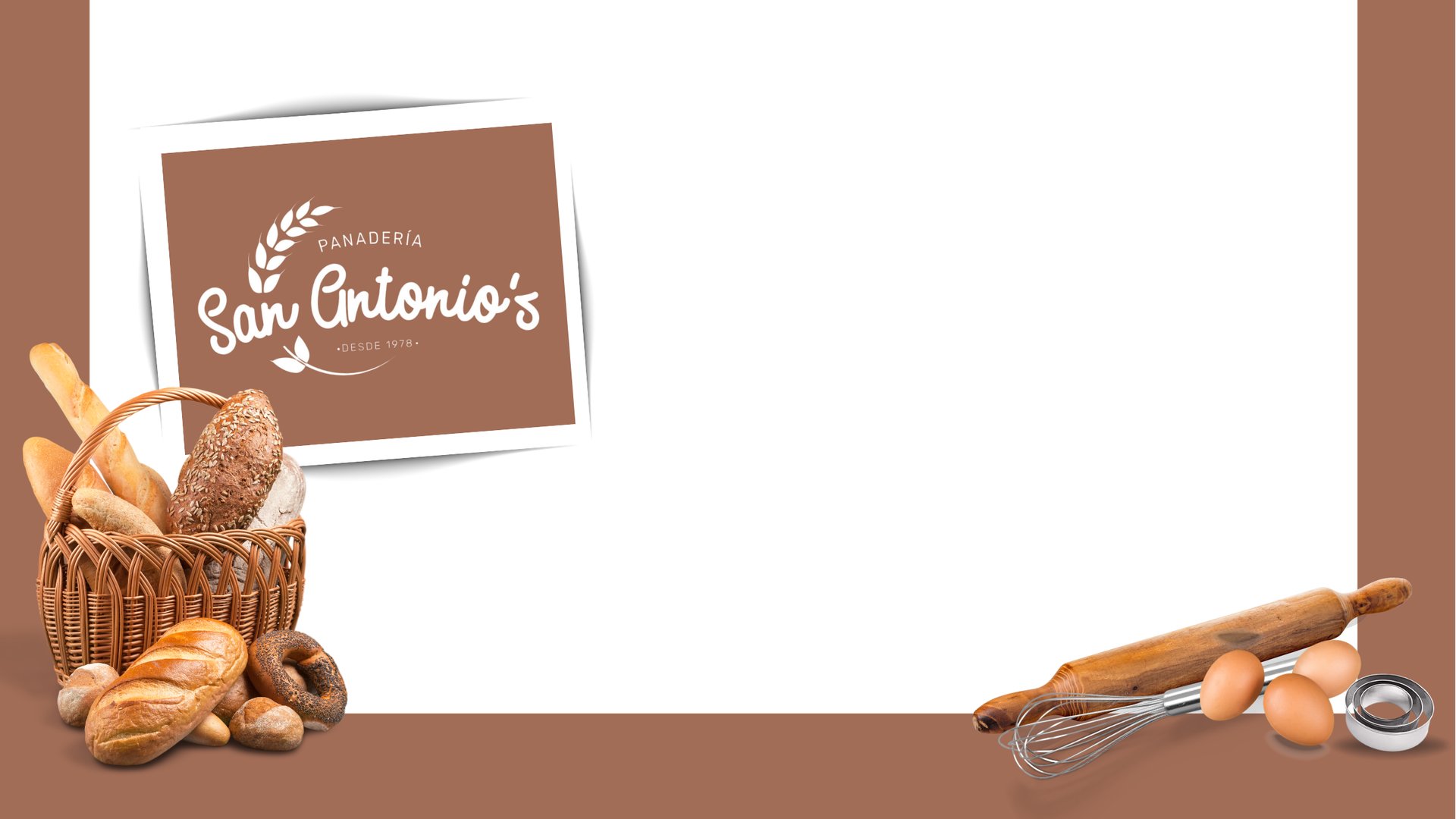 Imagen de fondo de Panadería San Antonio’s con pan artesanal, ingredientes y utensilios de panadería.