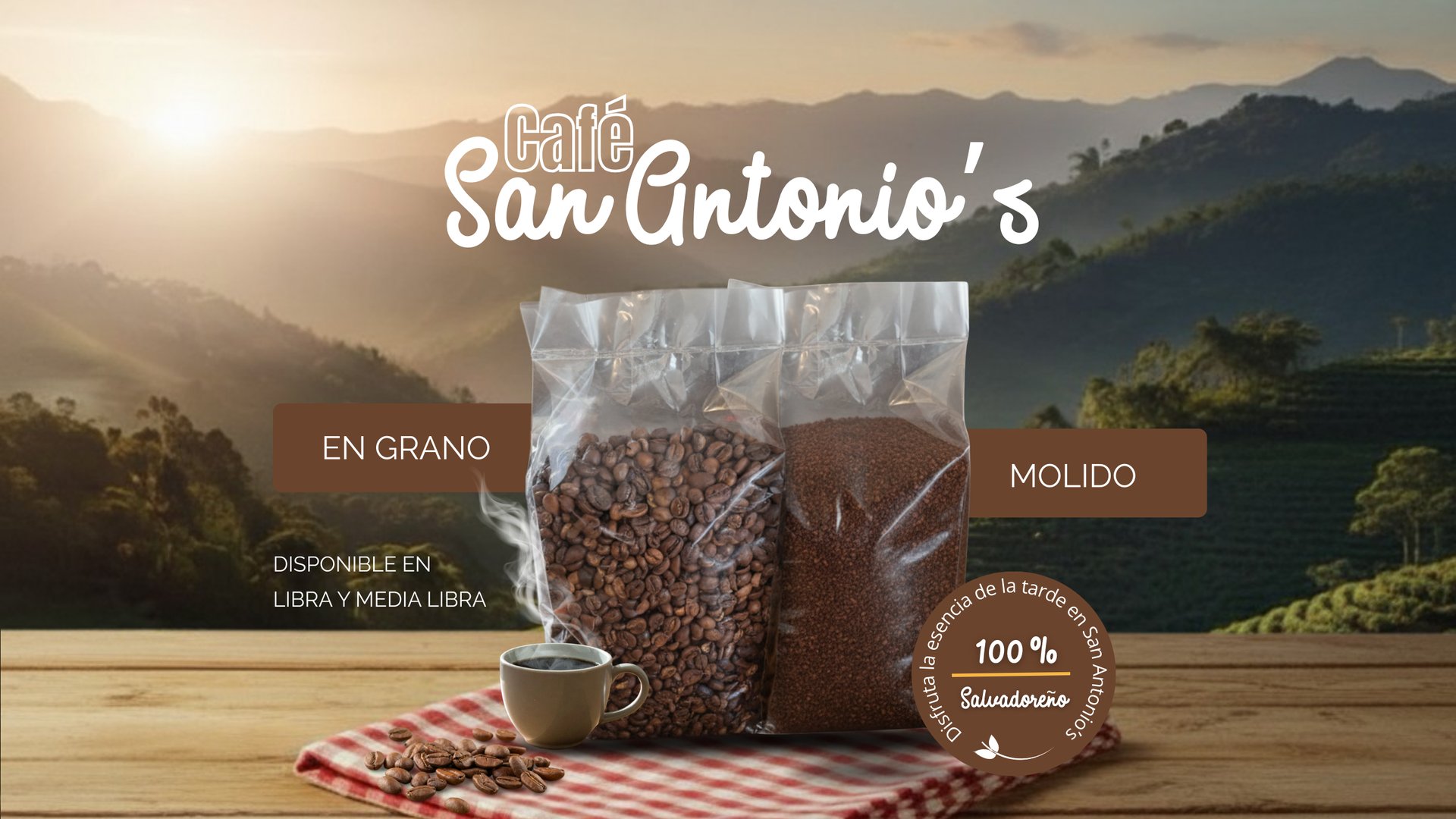 Banner de Café San Antonio’s con café en grano y molido sobre paisaje de cafetales.
