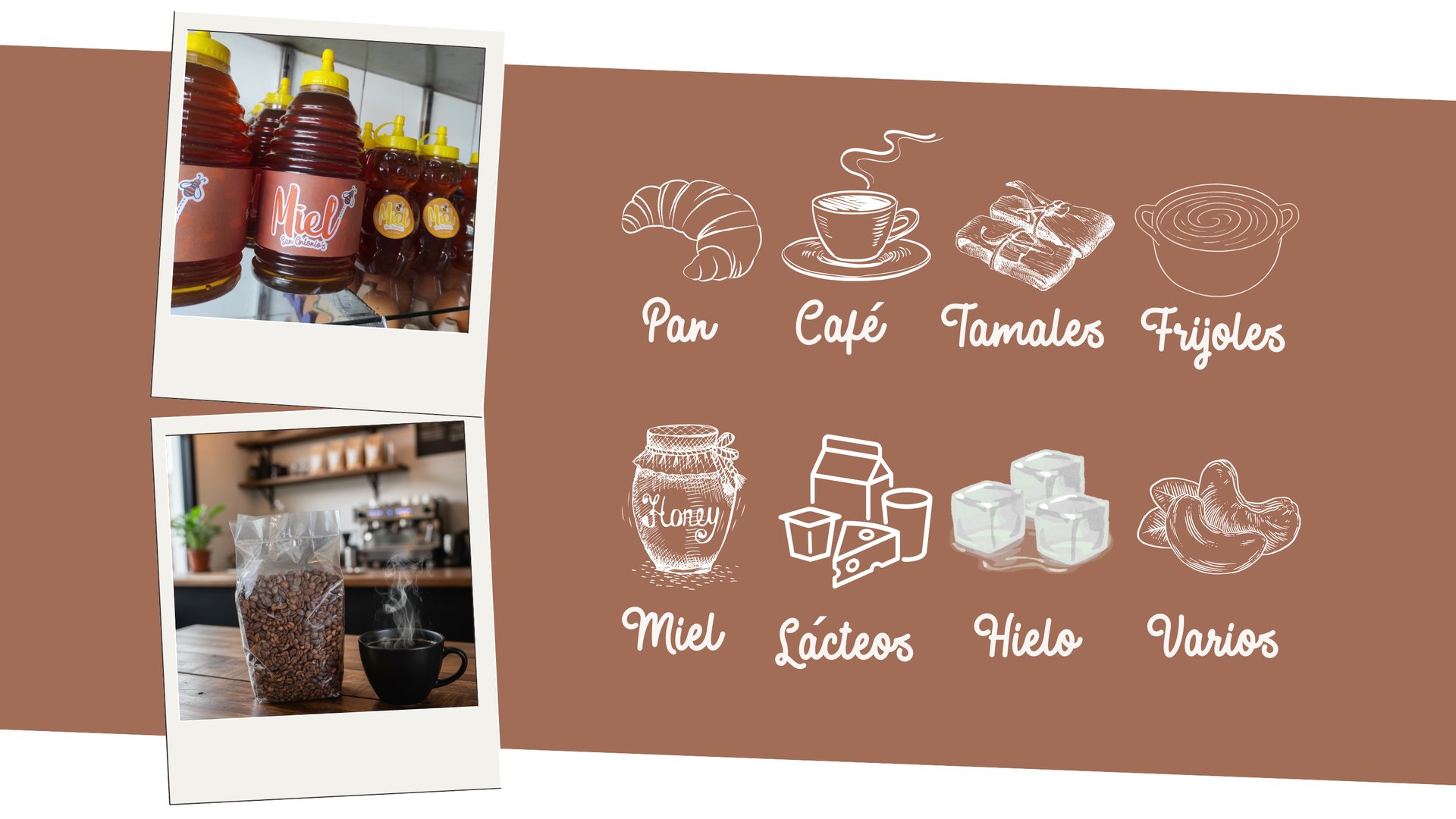 Catálogo de productos de Panadería San Antonio’s: pan, café, tamales, frijoles, miel, lácteos, hielo y varios