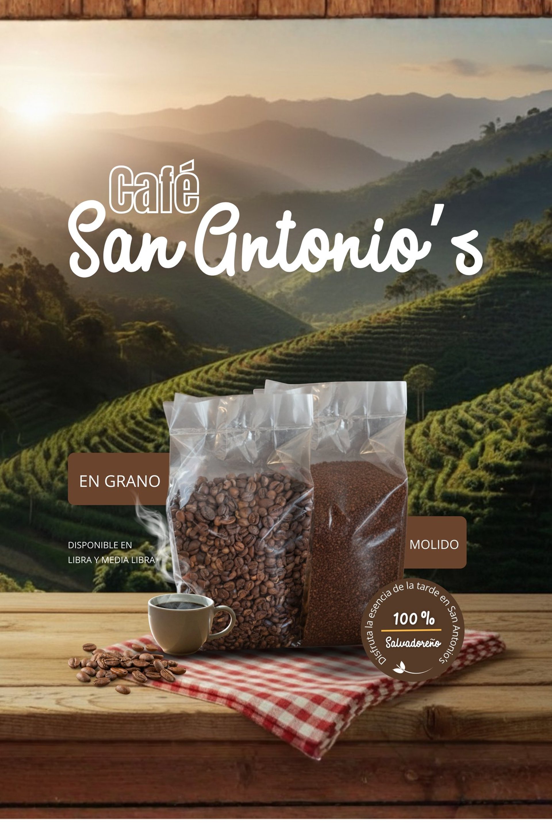 Café San Antonio’s en grano y molido, inspirado en cafetales tradicionales.