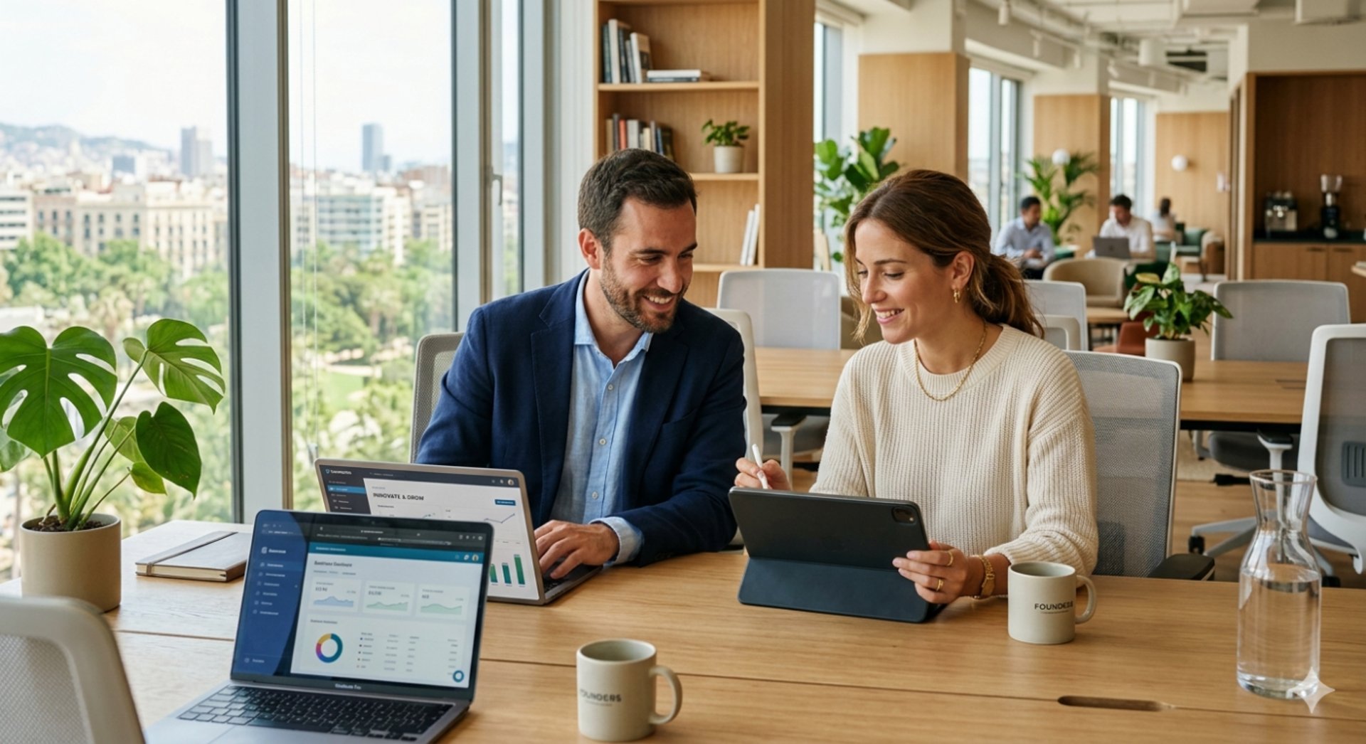 Two people working on a laptop with photography equipment.