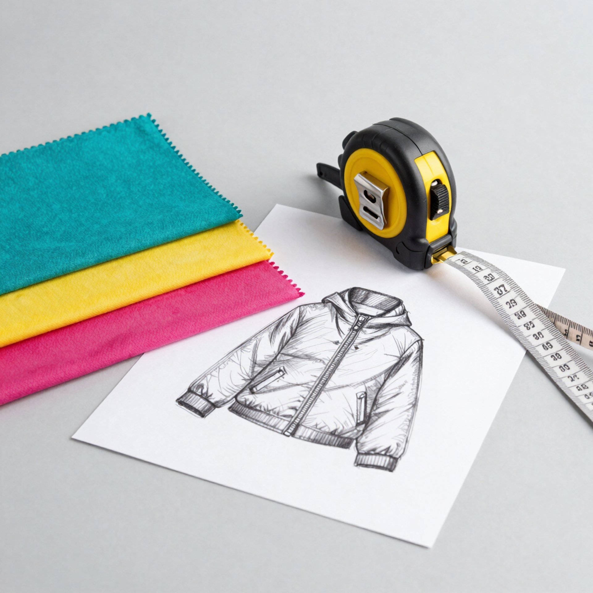 Boceto de prenda, telas y cinta métrica para diseño de ropa para mascotas hecha a mano.