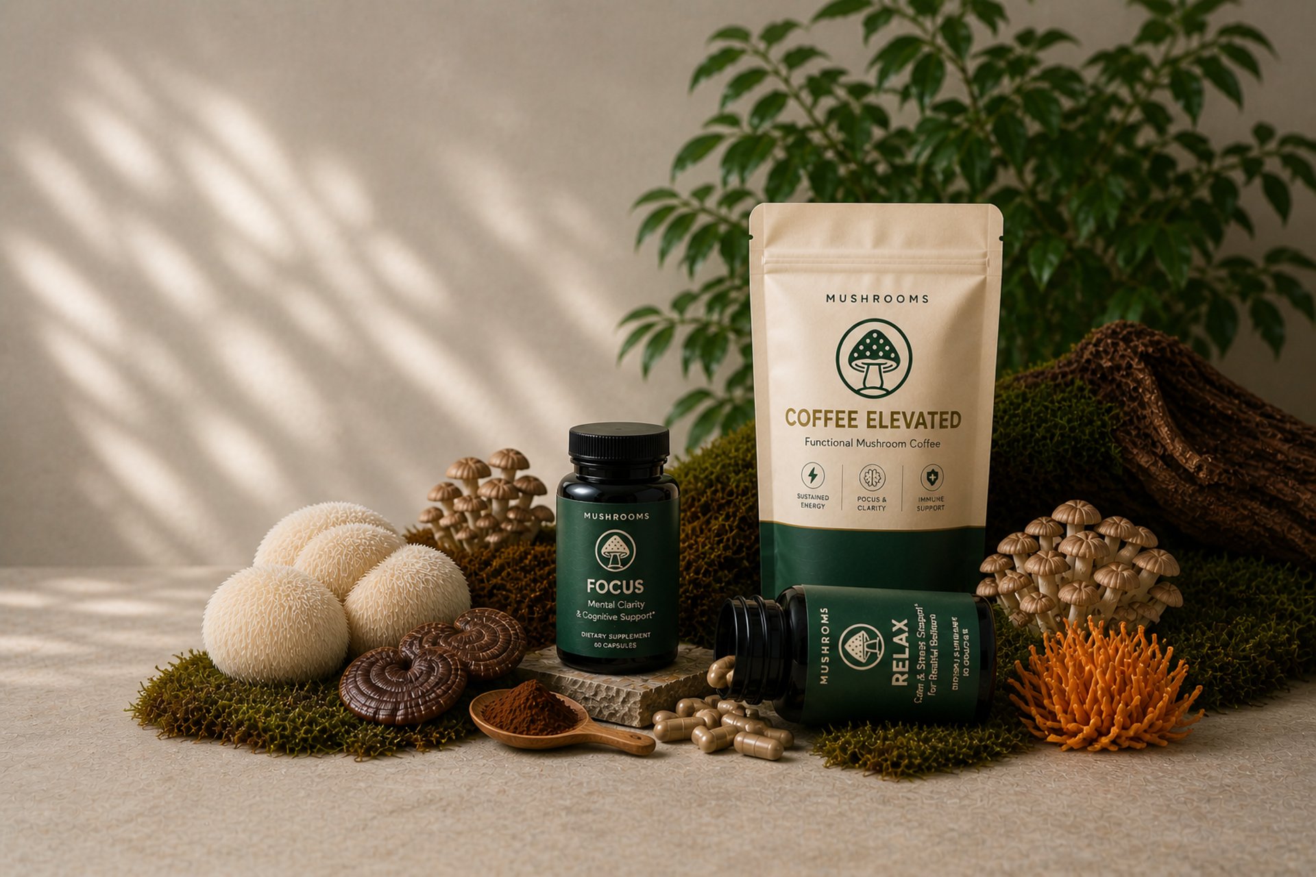 Functional mushroom coffee and supplements featuring Focus and Relax capsules with natural mushrooms and premium packaging