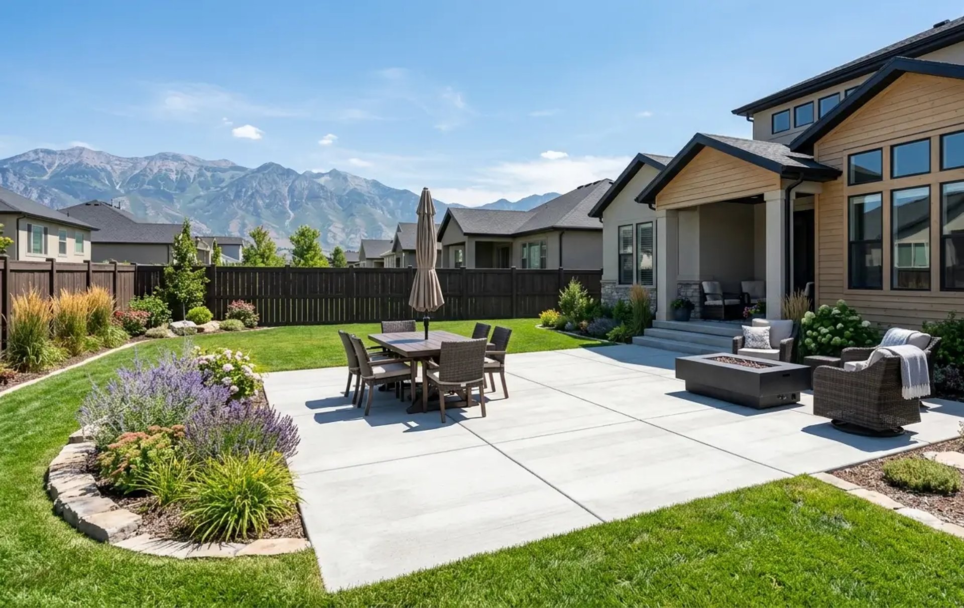 Beautiful custom concrete patio installation and outdoor living space in West Valley City