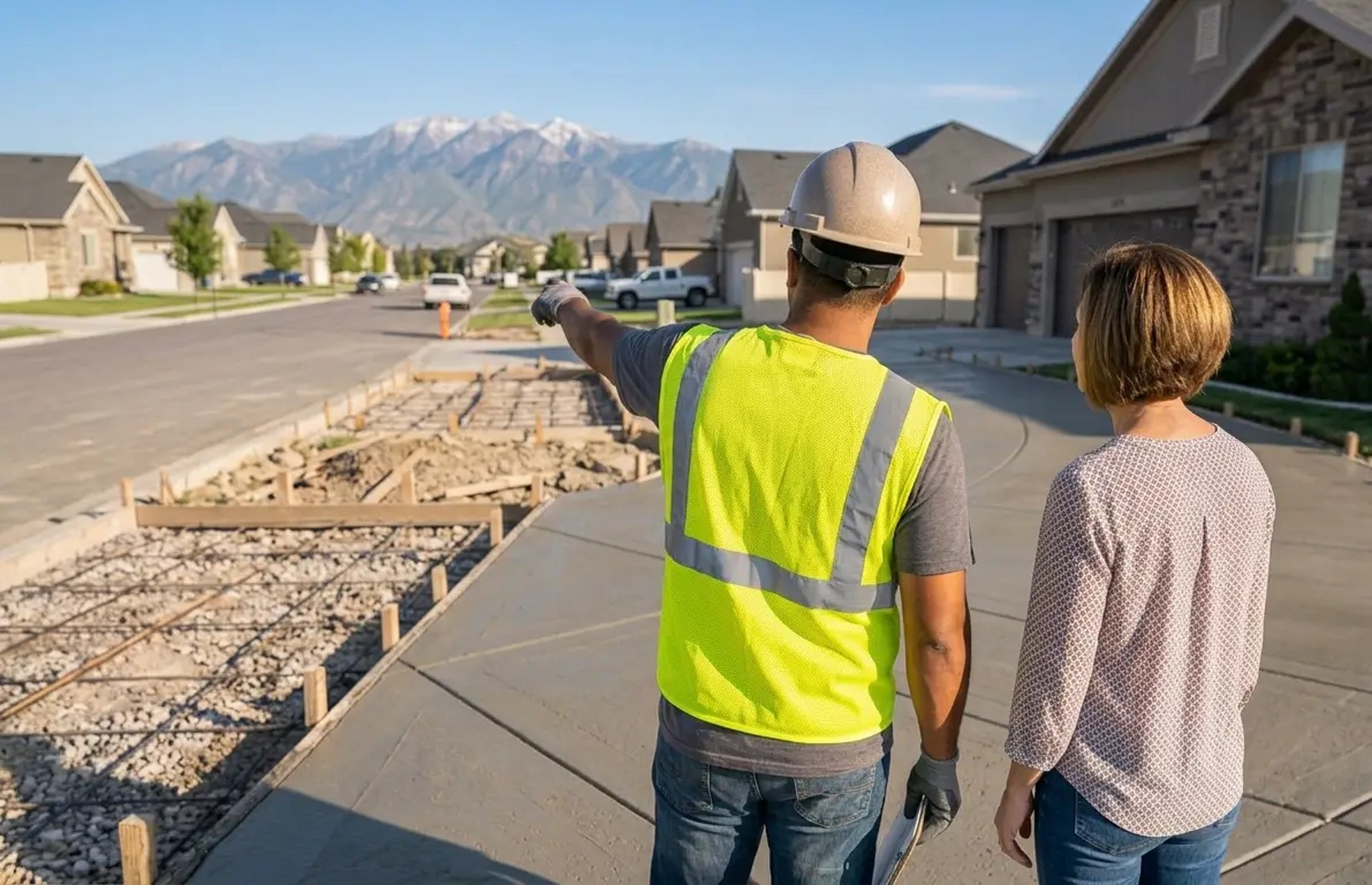 A concrete contractor showing a local homeowners in West Valley City, UT a progress of their concrete work