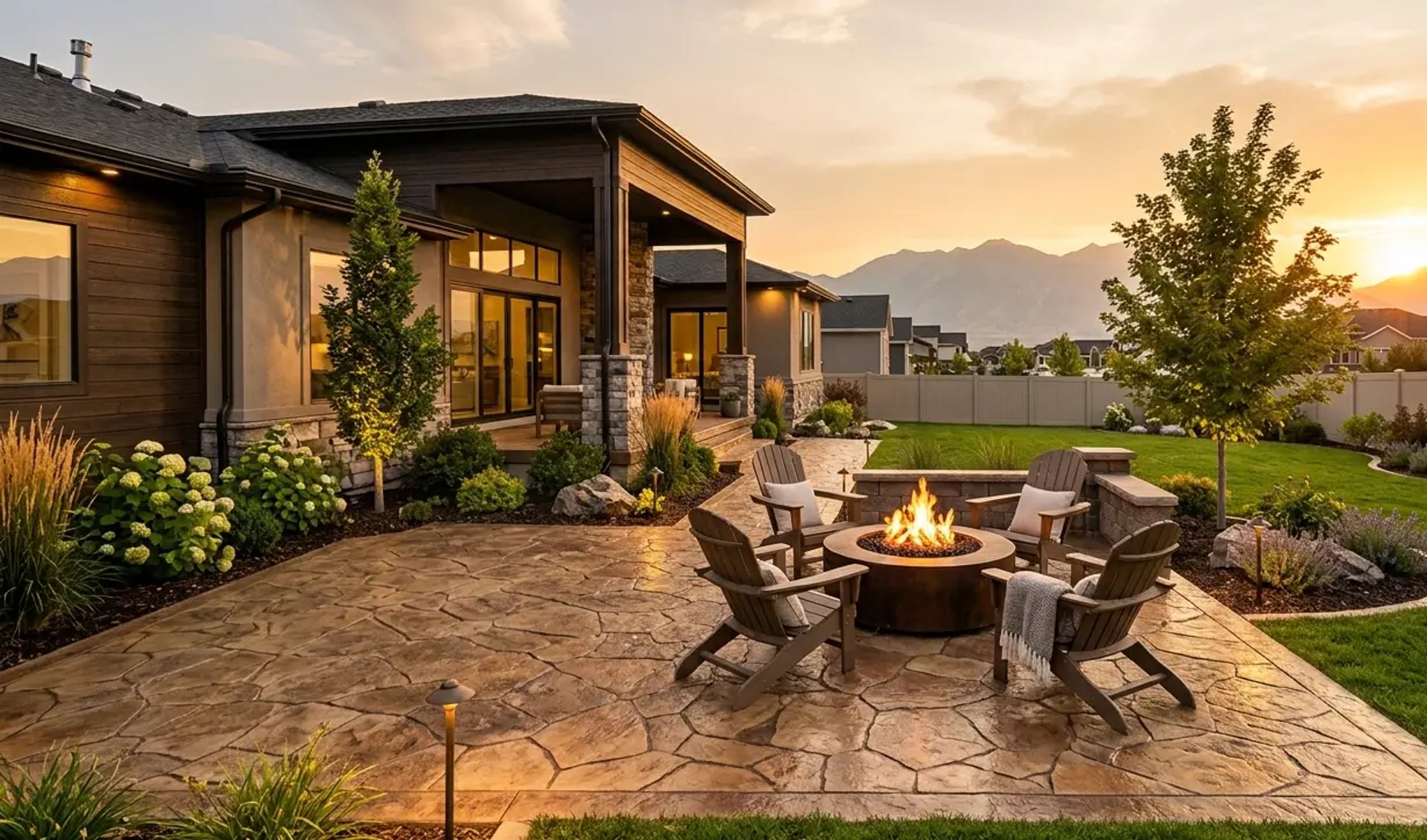 Beautiful custom stamped concrete patio with flagstone pattern in Utah