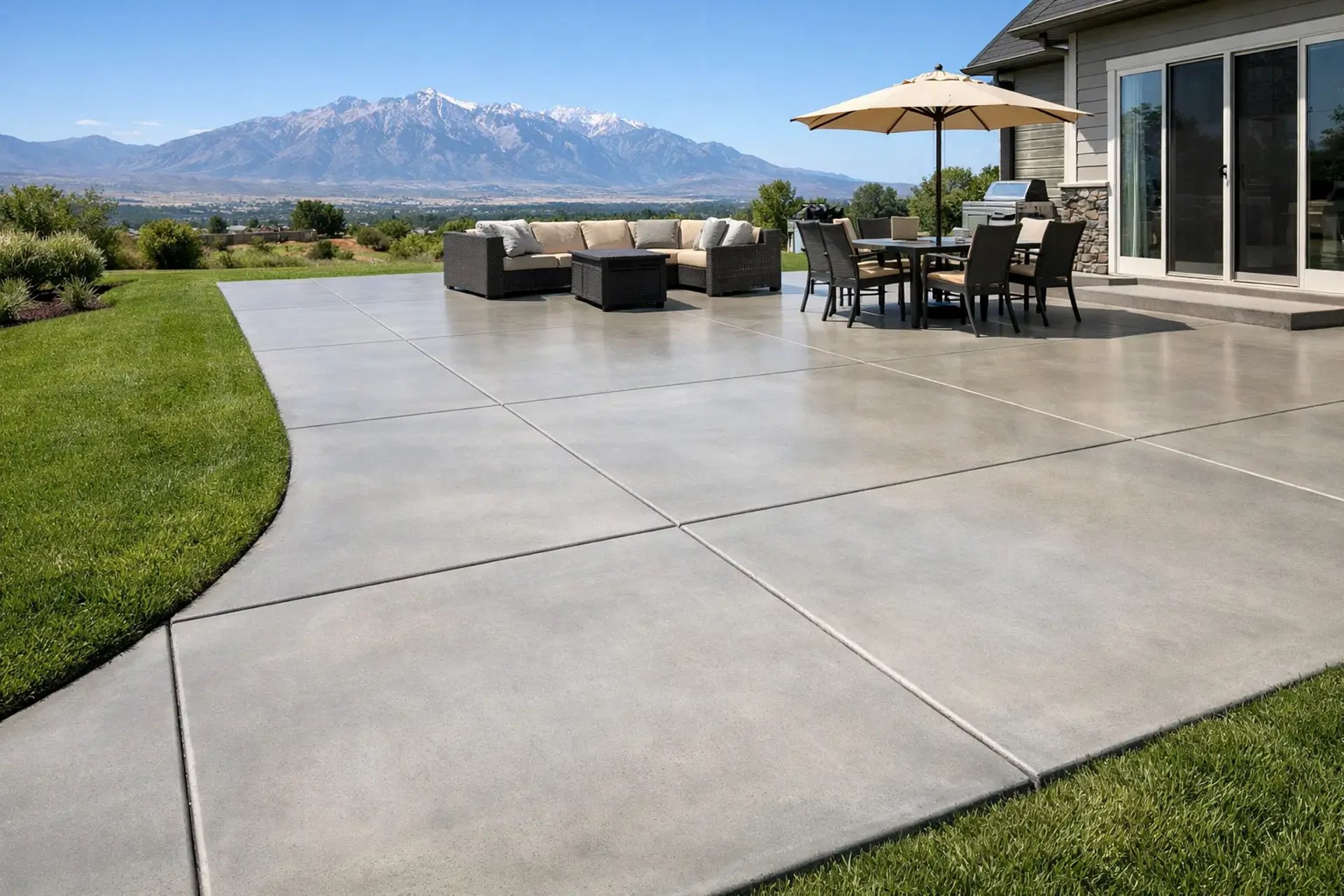 freshly cured concrete patio and walkway in the backyard of a beautiful modern home in Utah