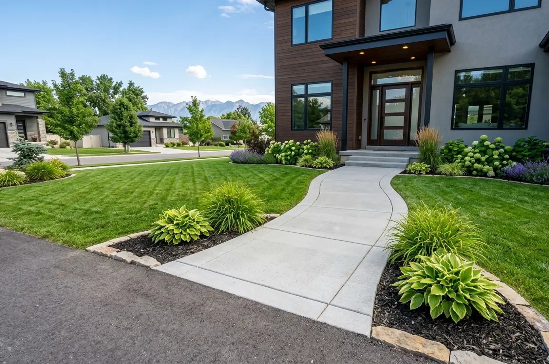 Newly installed concrete front entry walkway connecting driveway to front door in residential in West Valley City