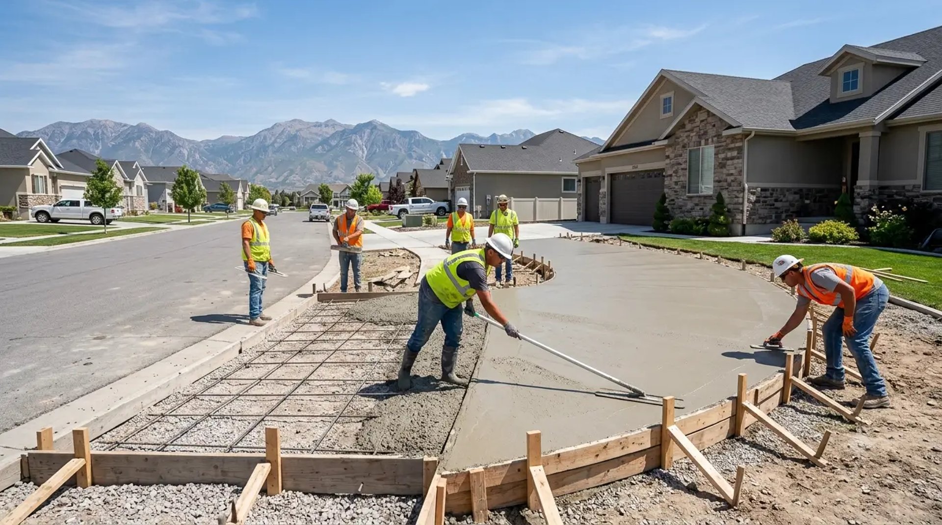 Concrete installation process - crew pouring and finishing a residential driveway in Utah.