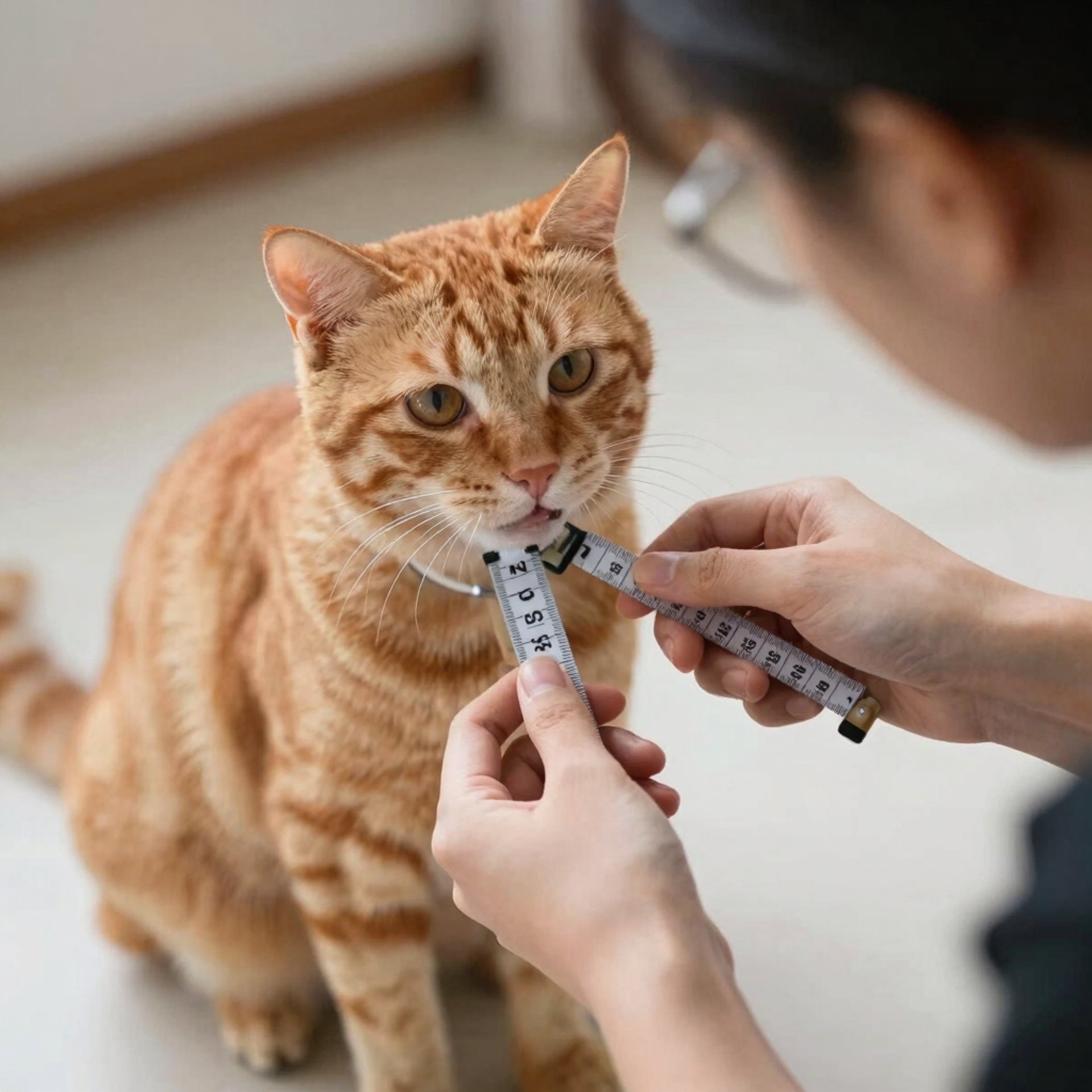 Tomando medidas a un gatito naranja