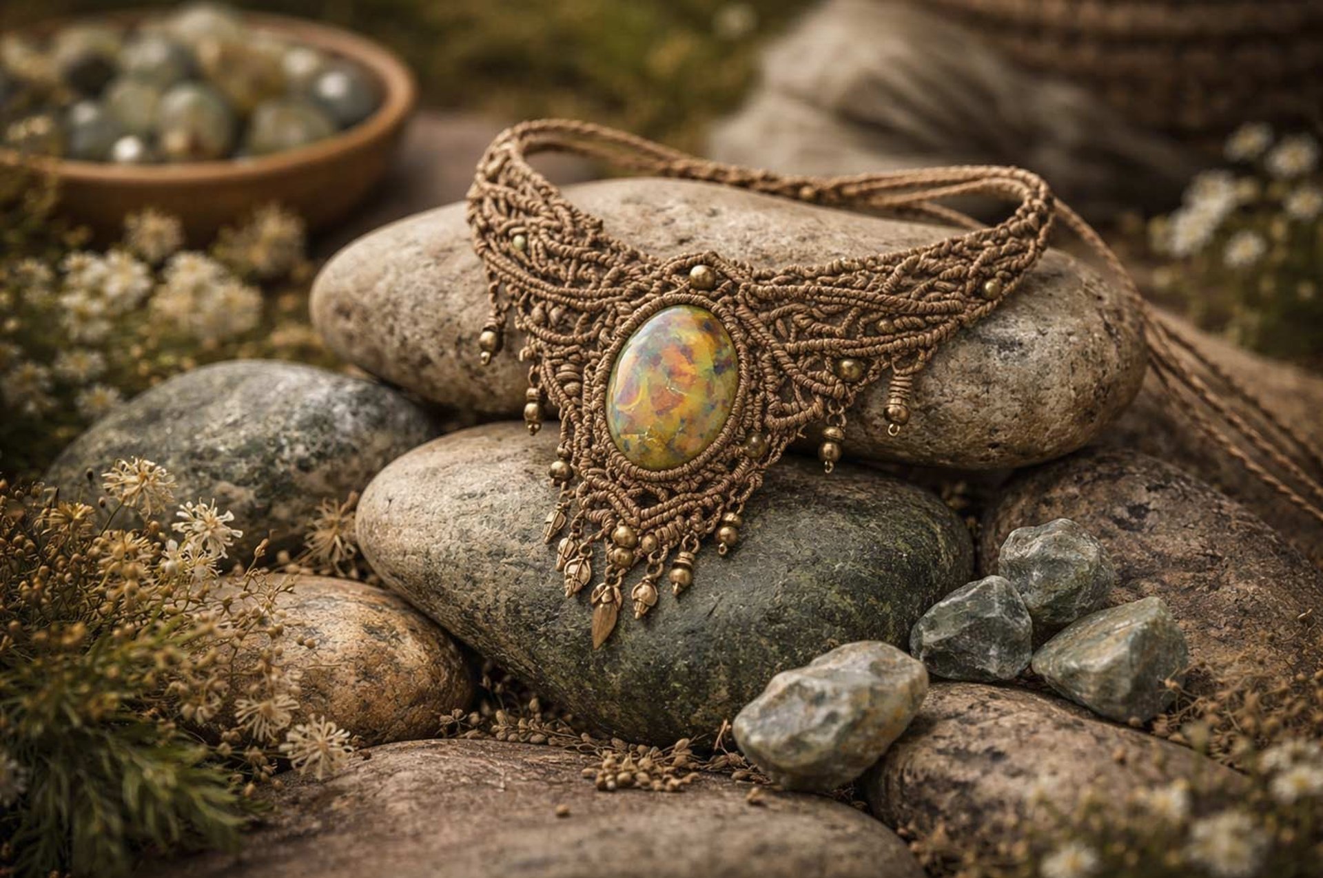 Collar de macramé hecho con piedra de tigre sobre roca.