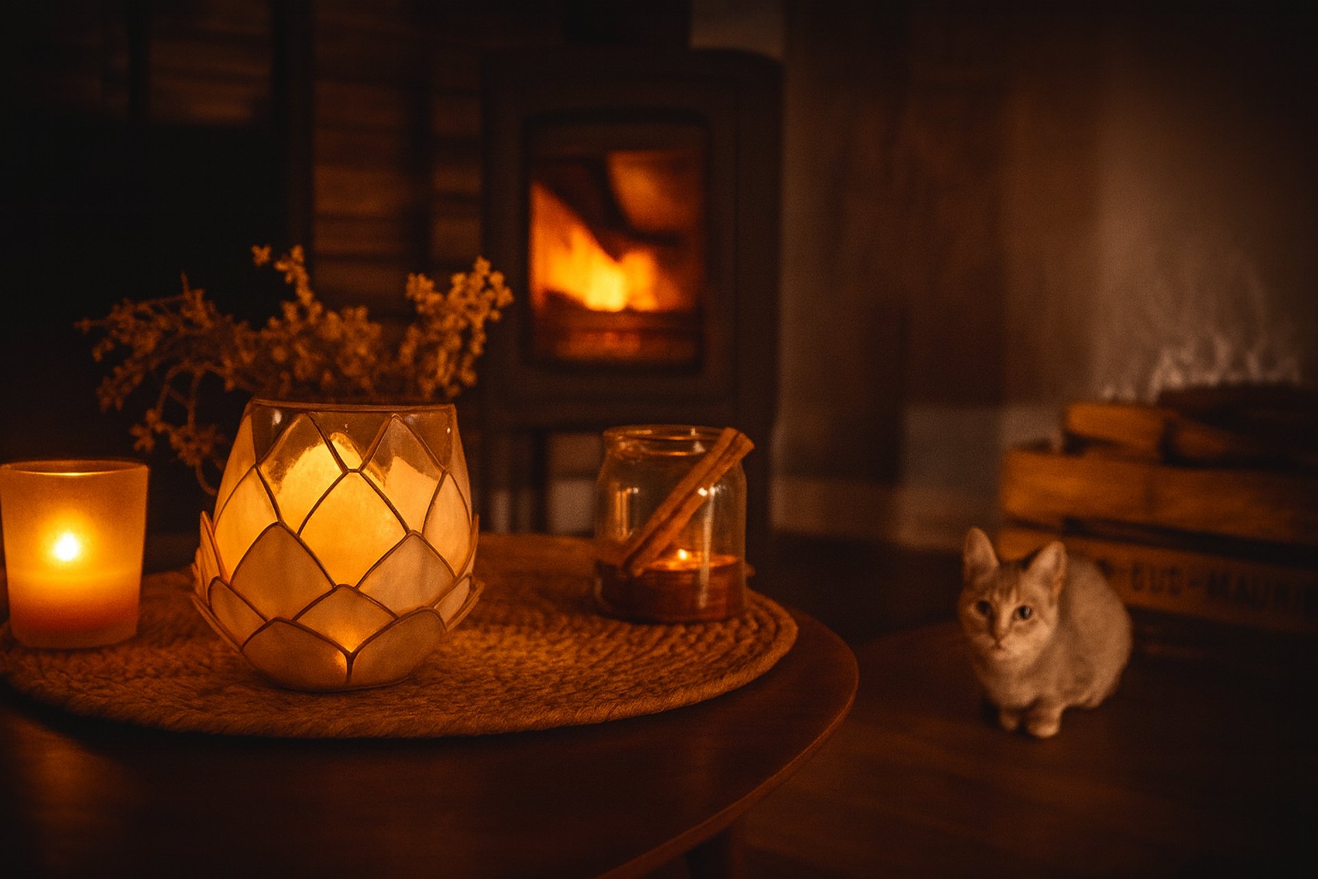 a cat sitting on a table in front of a fireplace