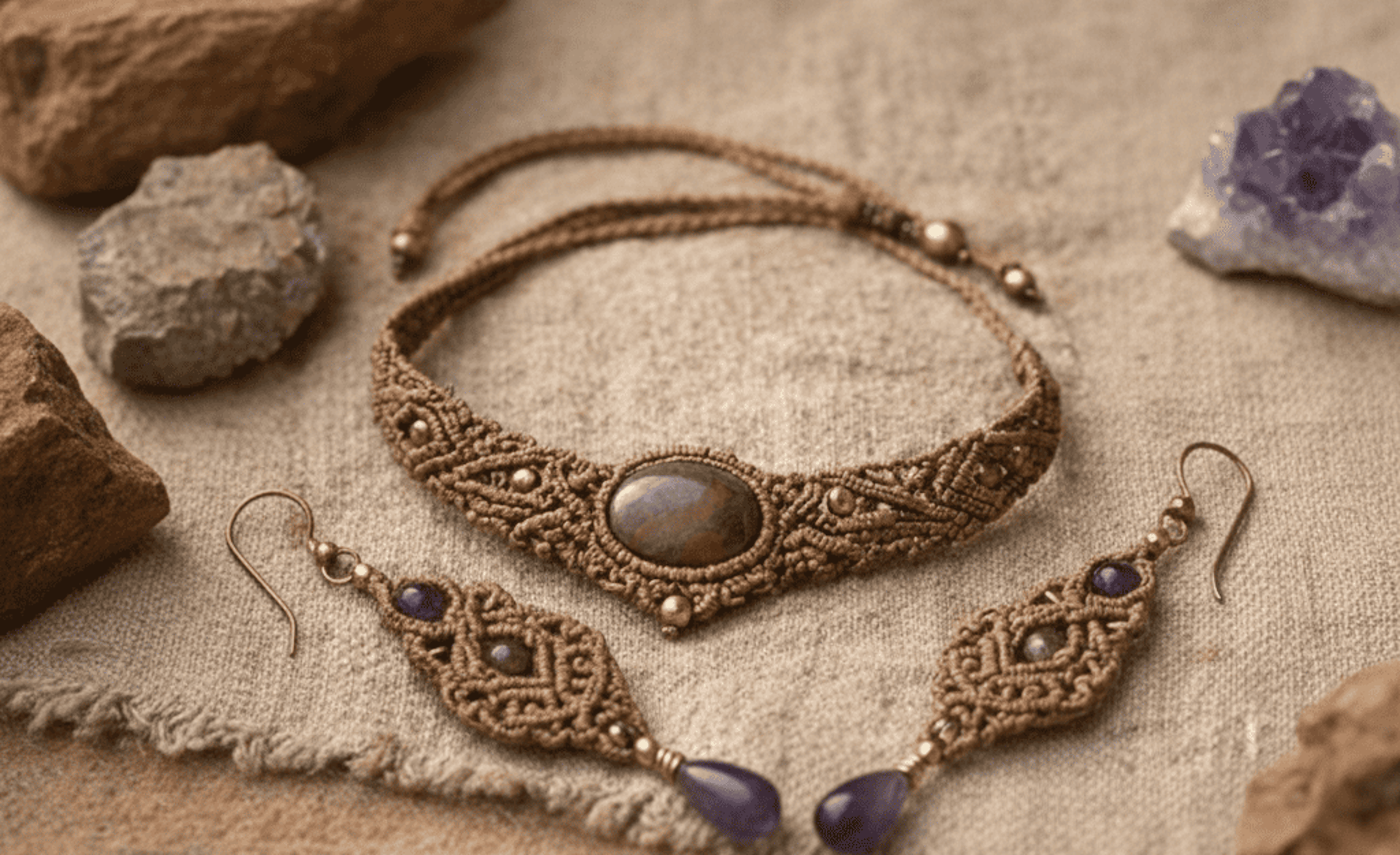 Joyería de macramé hecha a mano.