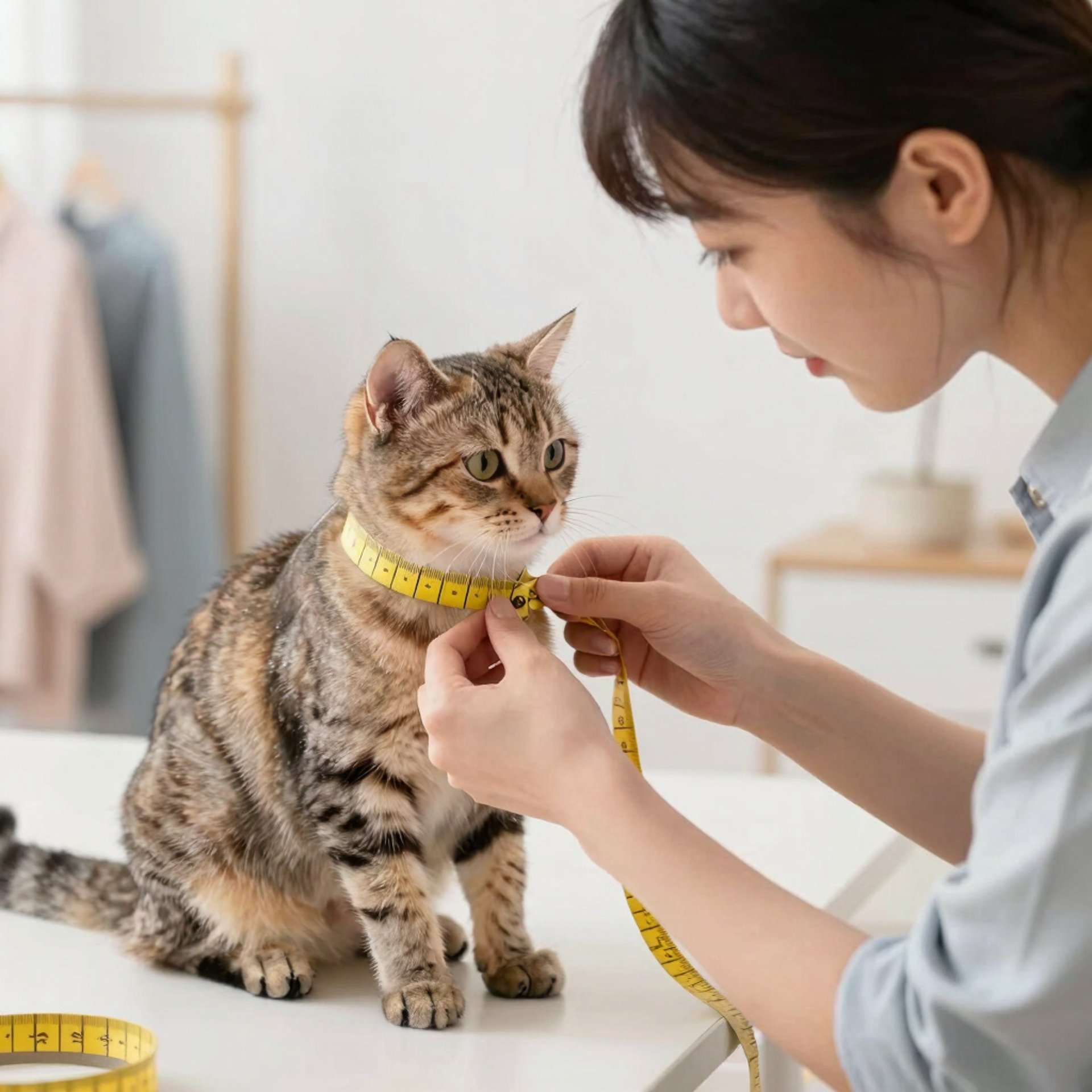 Una modista tomandole medidas a un gatito con rayas.