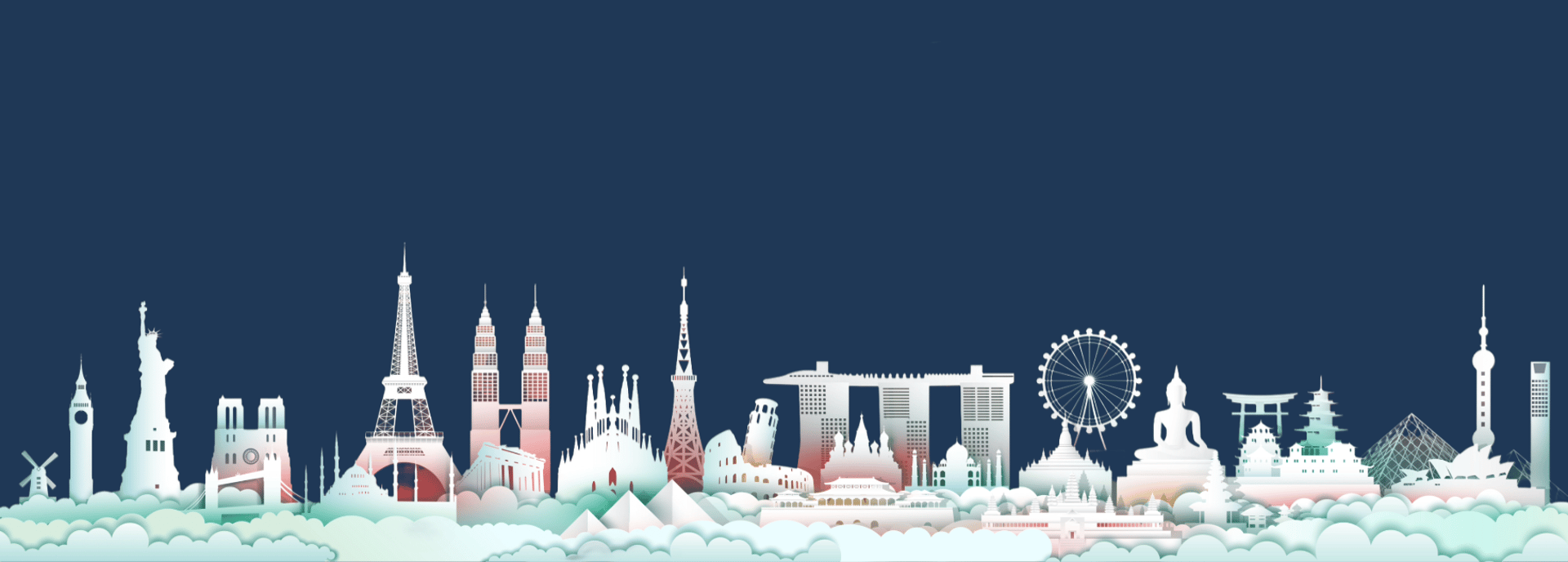 Paper art of various famous travel landmarks