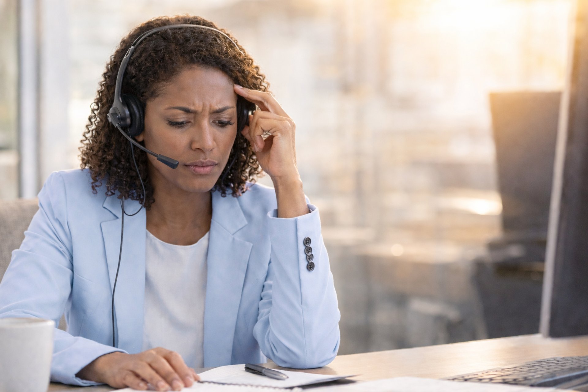 Woman talking on phone while working on laptop at desk.
