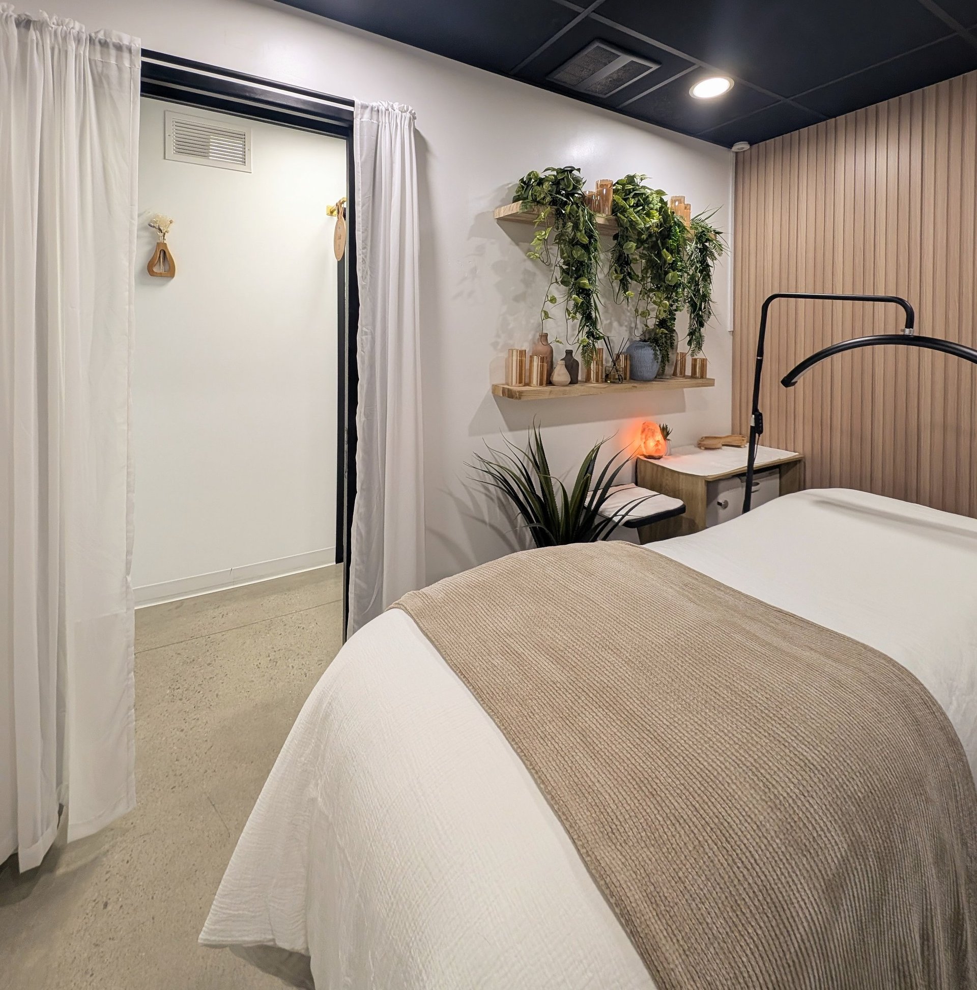 a room with a glass door that has a plant in it