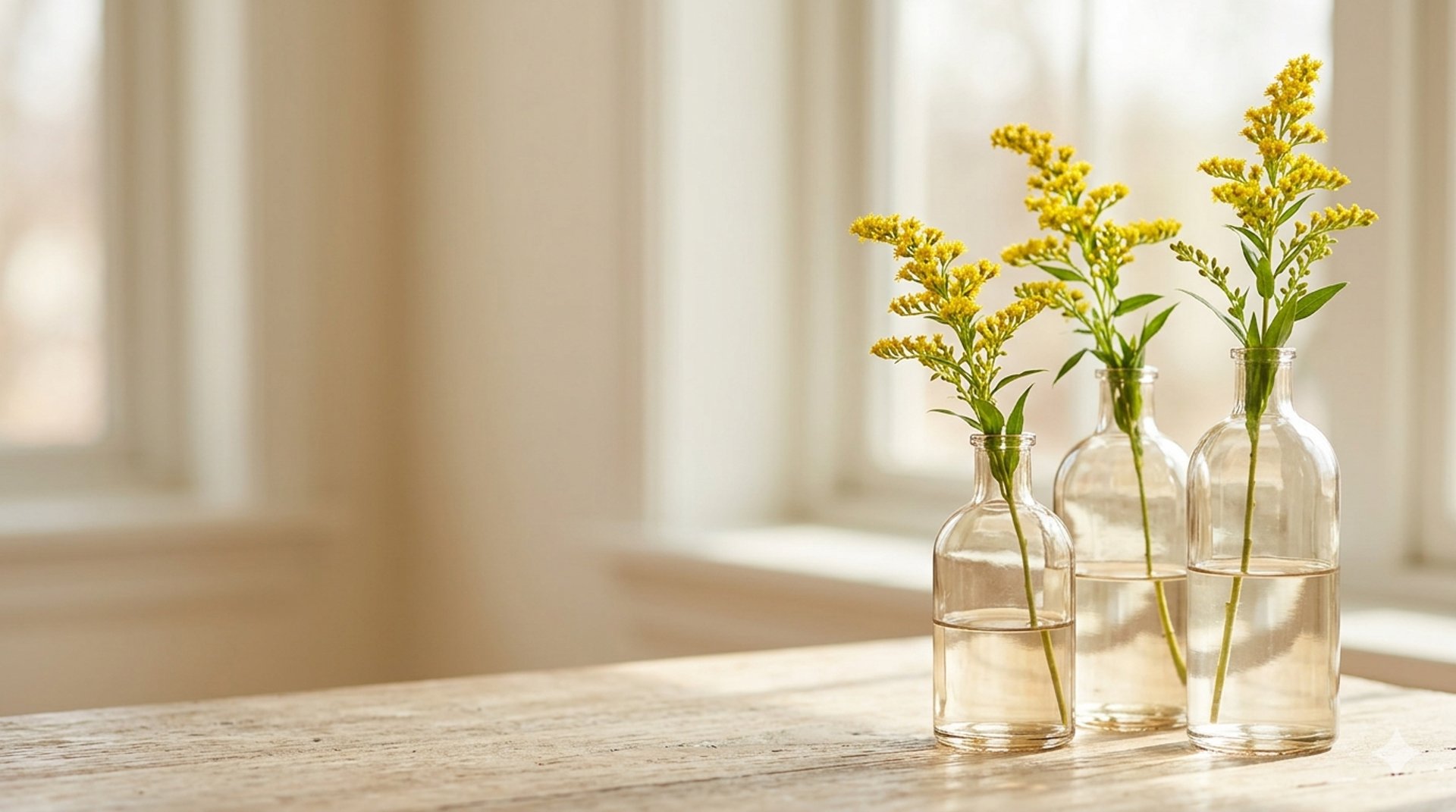 three yellow petaled flowers in clear glass jars