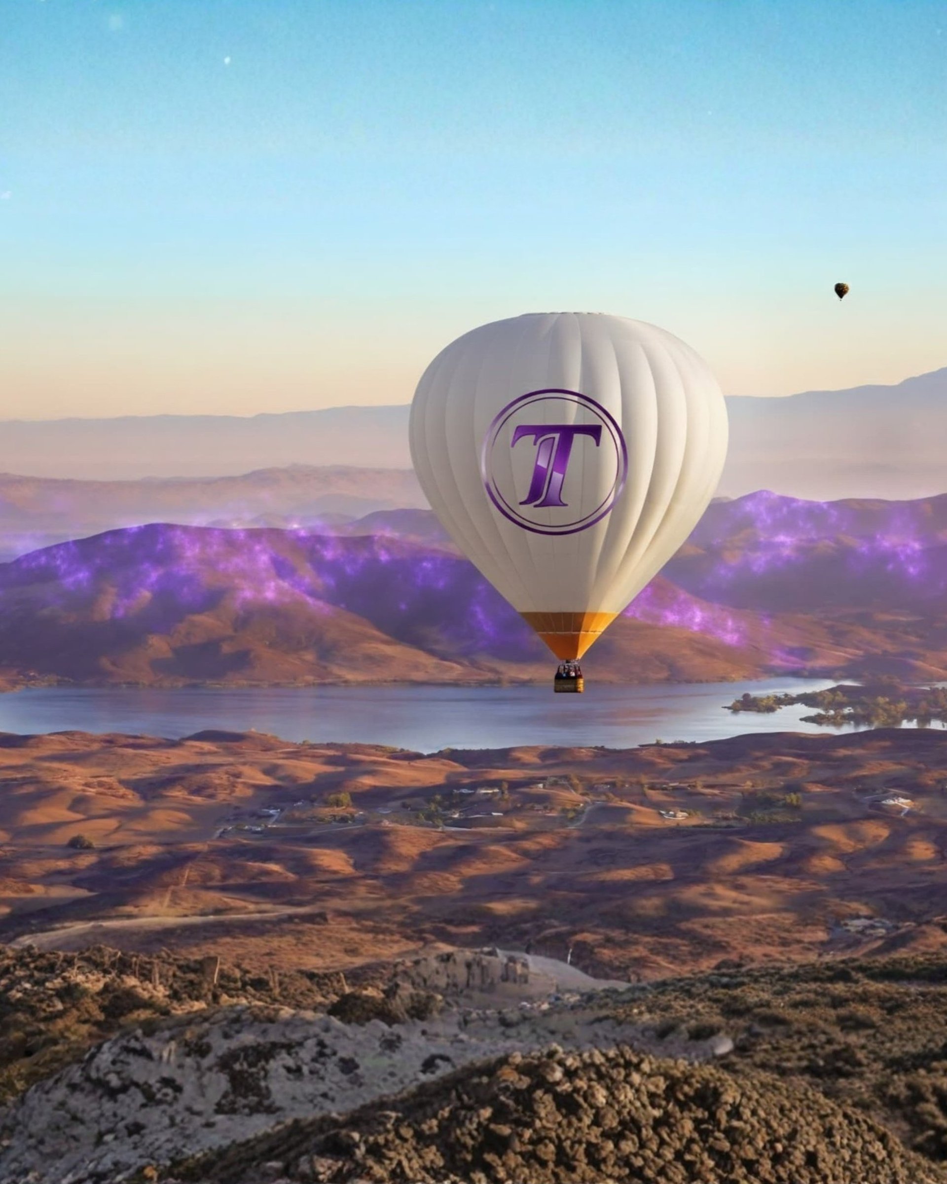 a hot air balloon flying over a lush green field