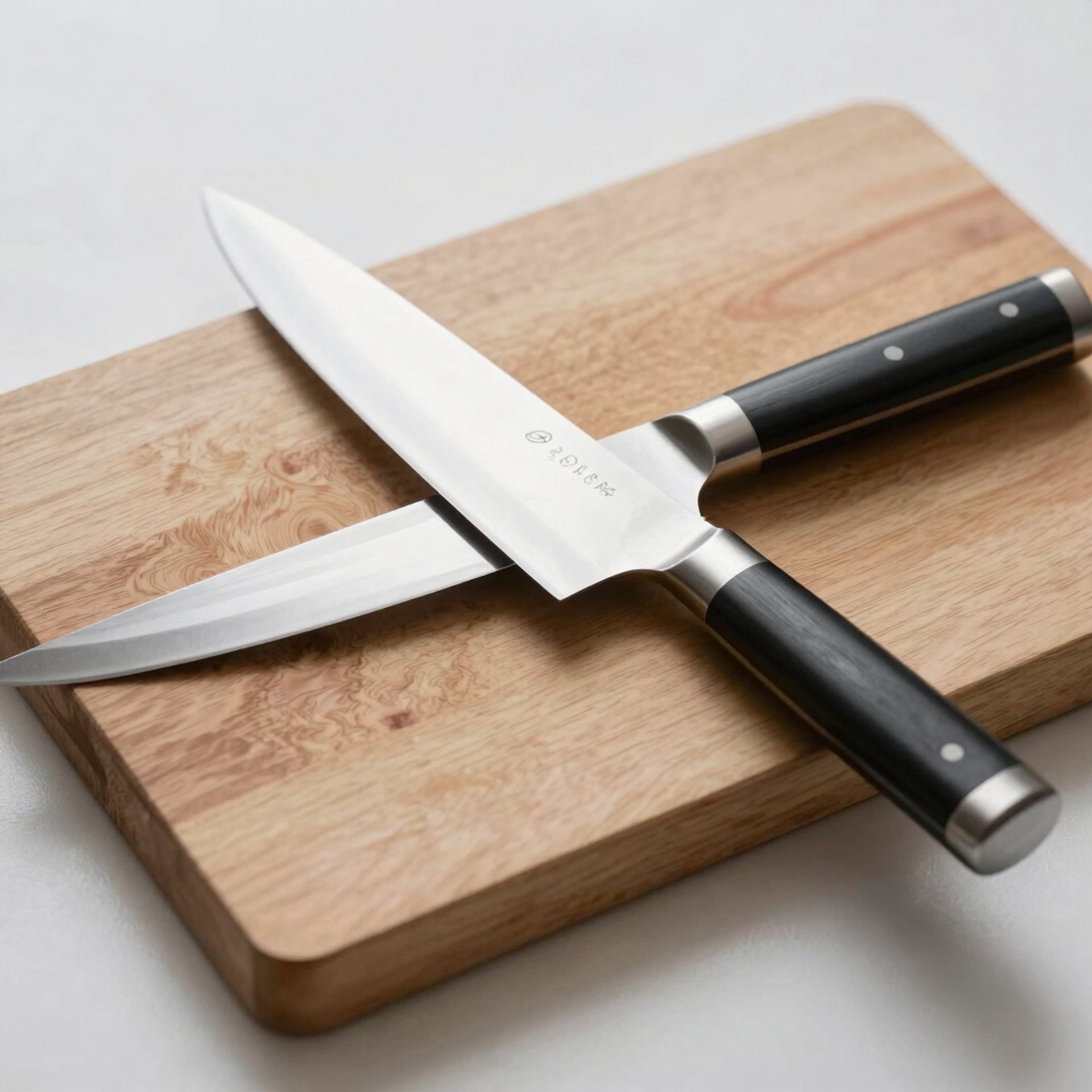 a wooden board surrounded by knives on a table