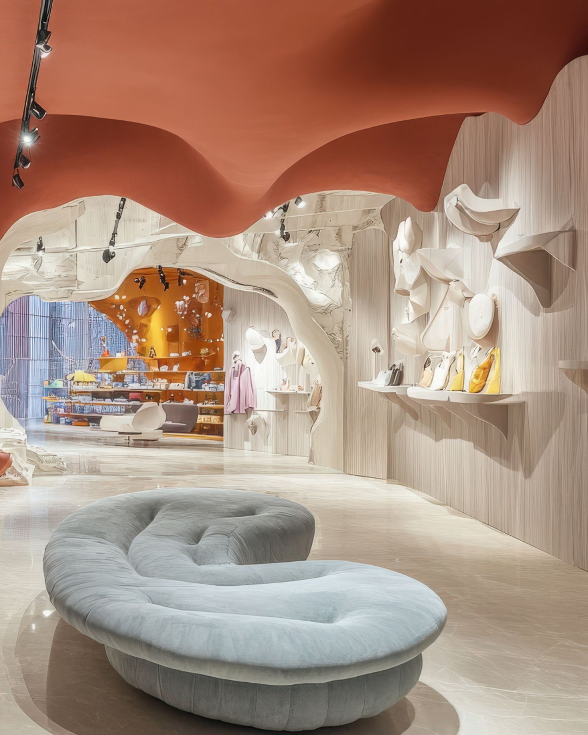 an abstract photo of a curved building with a blue sky in the background