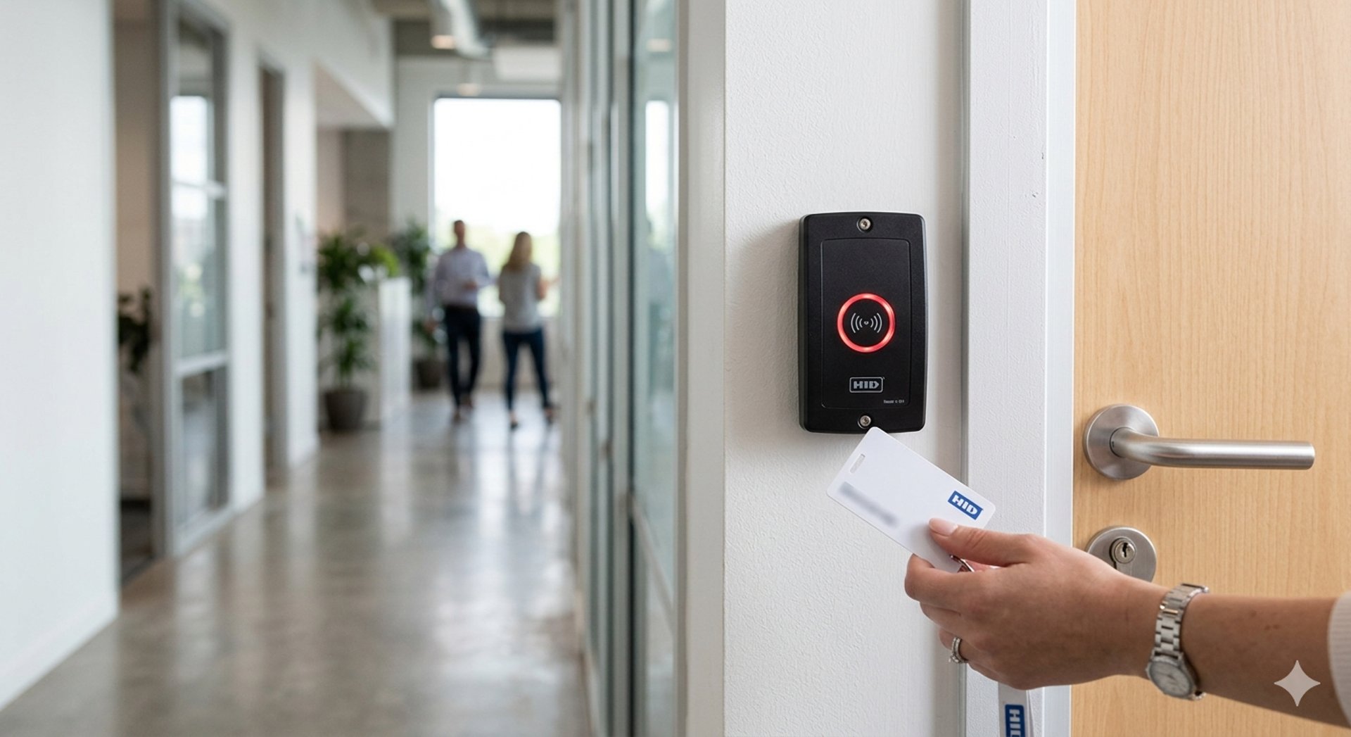 A proximity card reader installed on a commercial office door, representing access control systems for UK businesses.