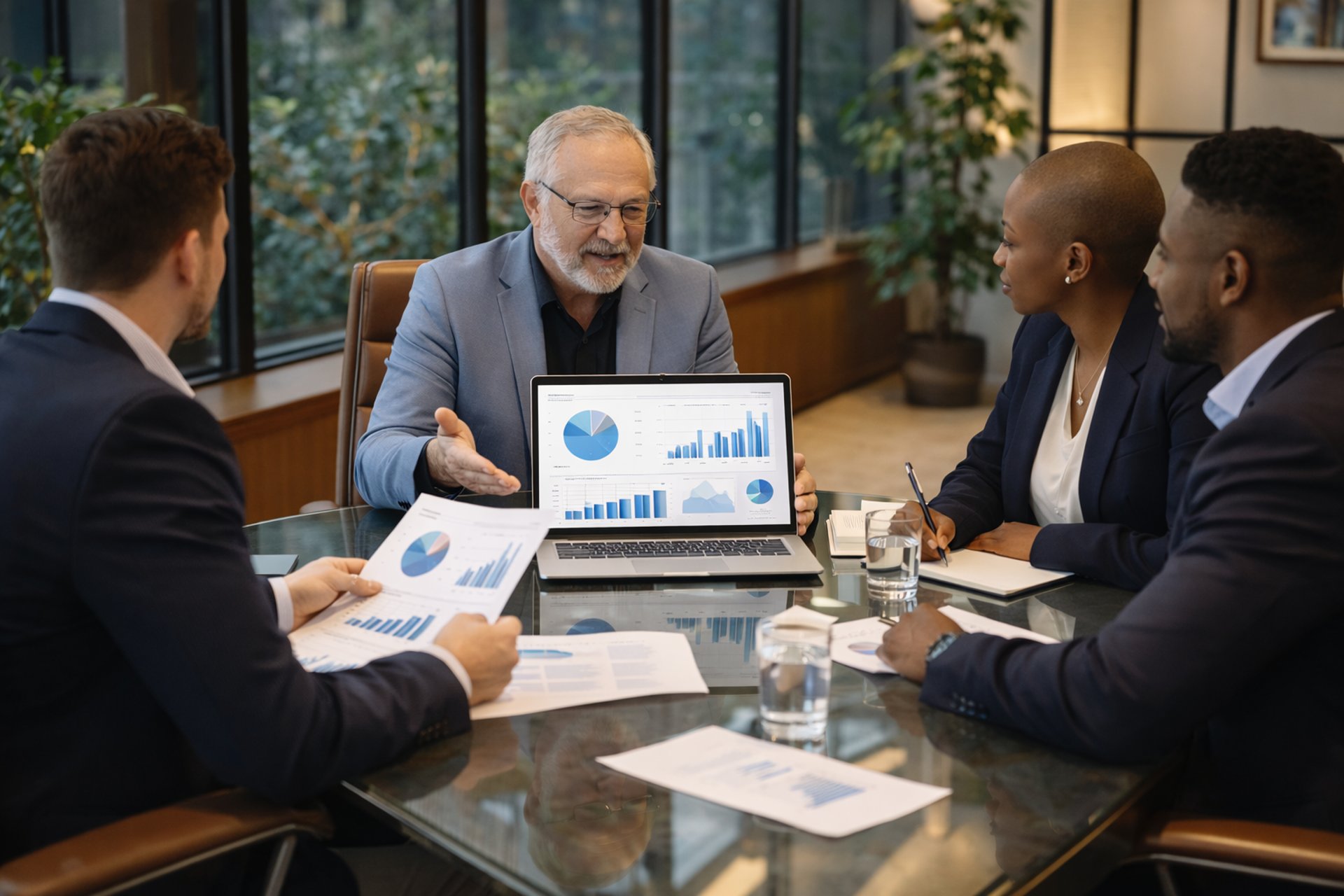 Man presenting charts to colleagues in a meeting.