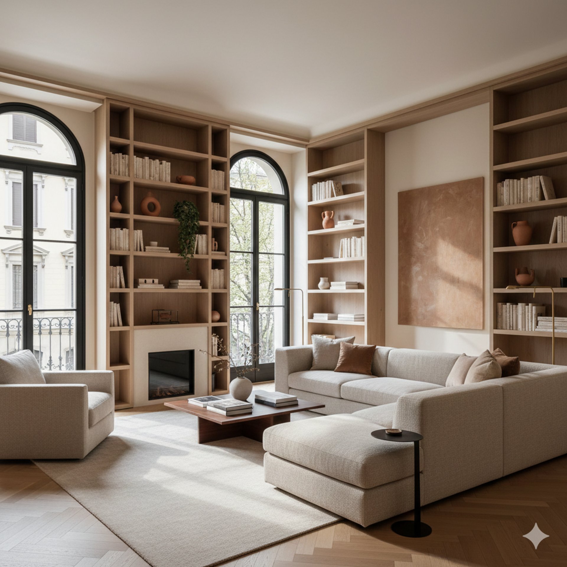 gray fabric loveseat near brown wooden table