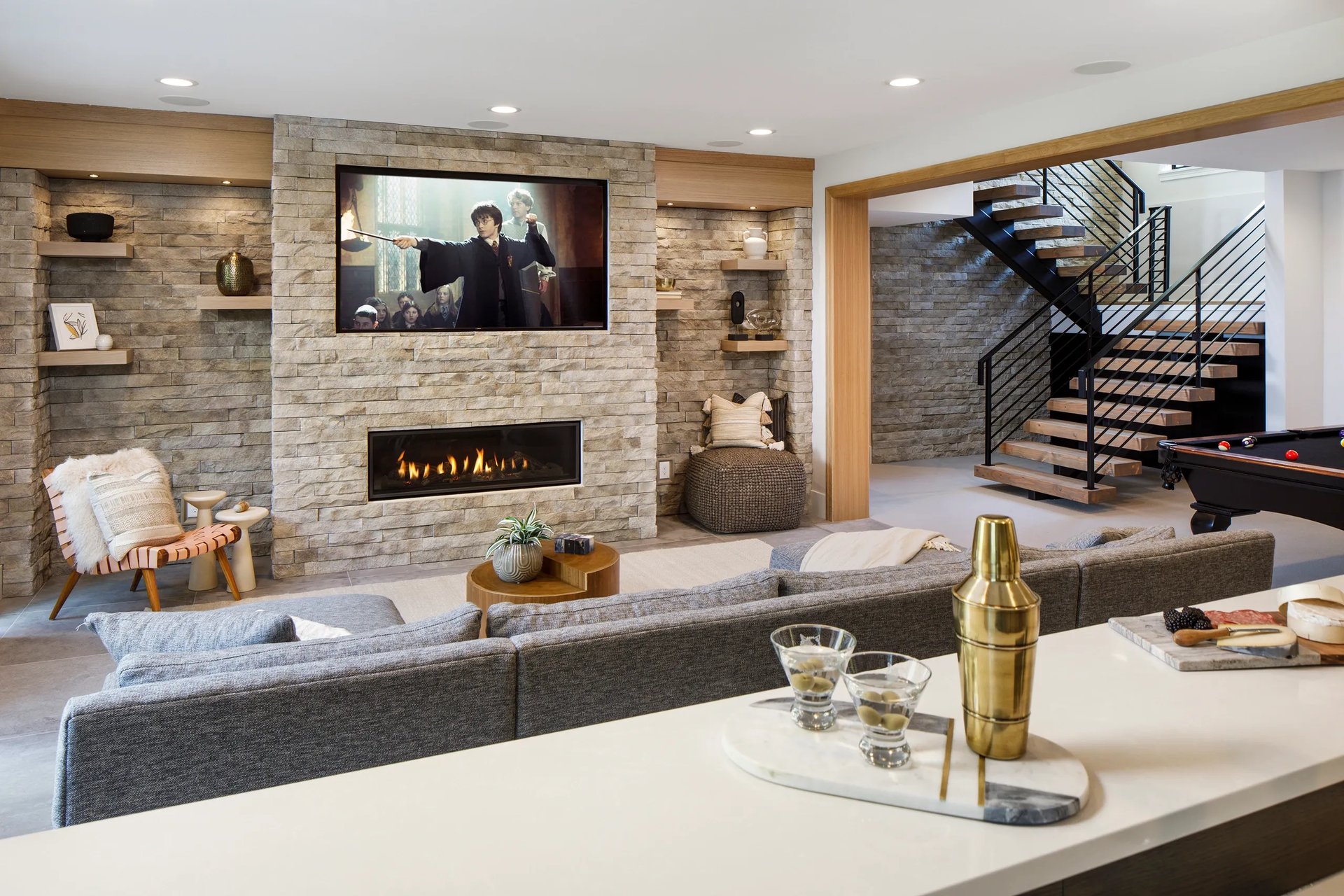 Modern Fireplace, Stone, Floating Shelves