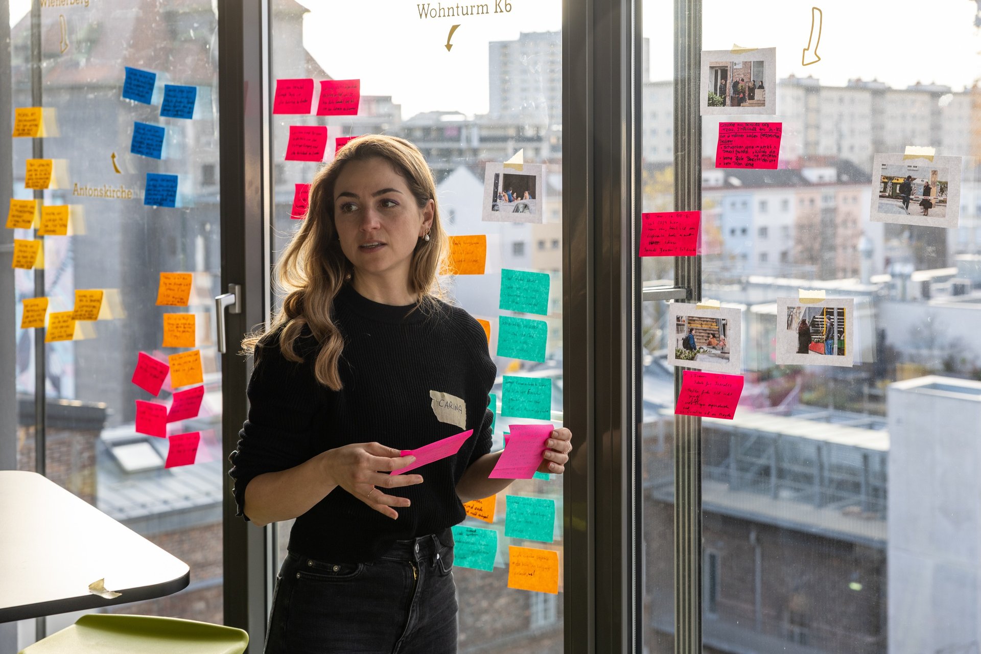 a white board with post it notes written on it
