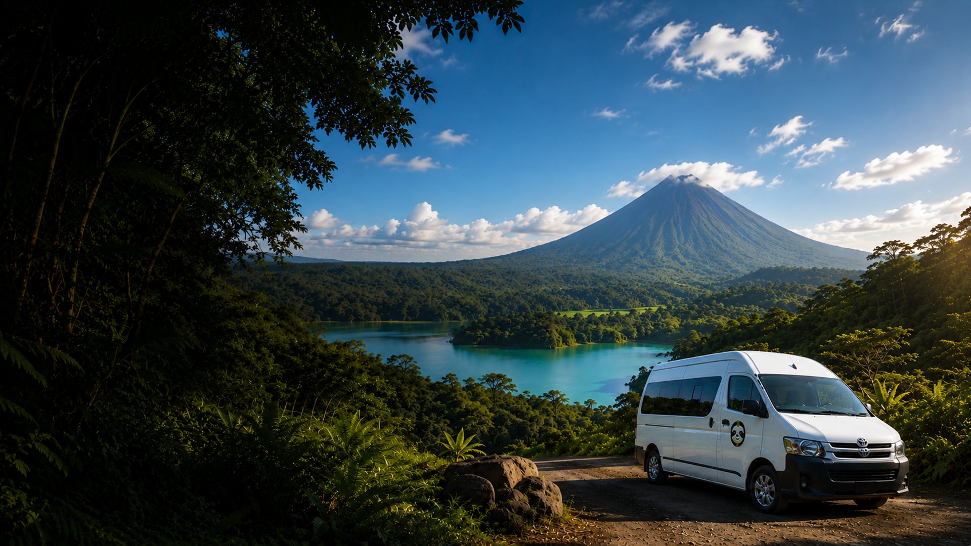 Eras Expeditions CR private tour van with panoramic views of Arenal Volcano and the Costa Rican rainforest.