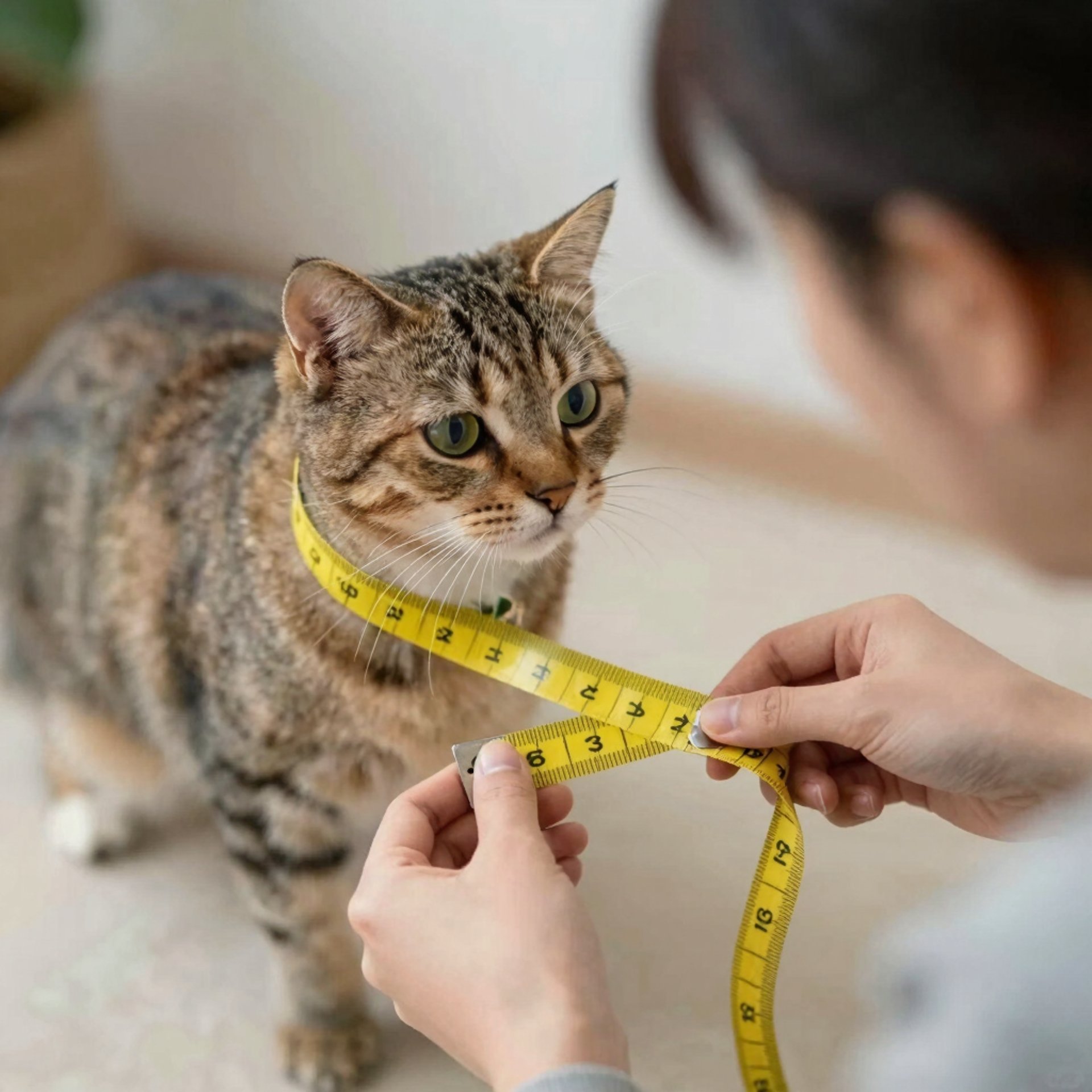 Persona tomandole medidas a un gato trigueño