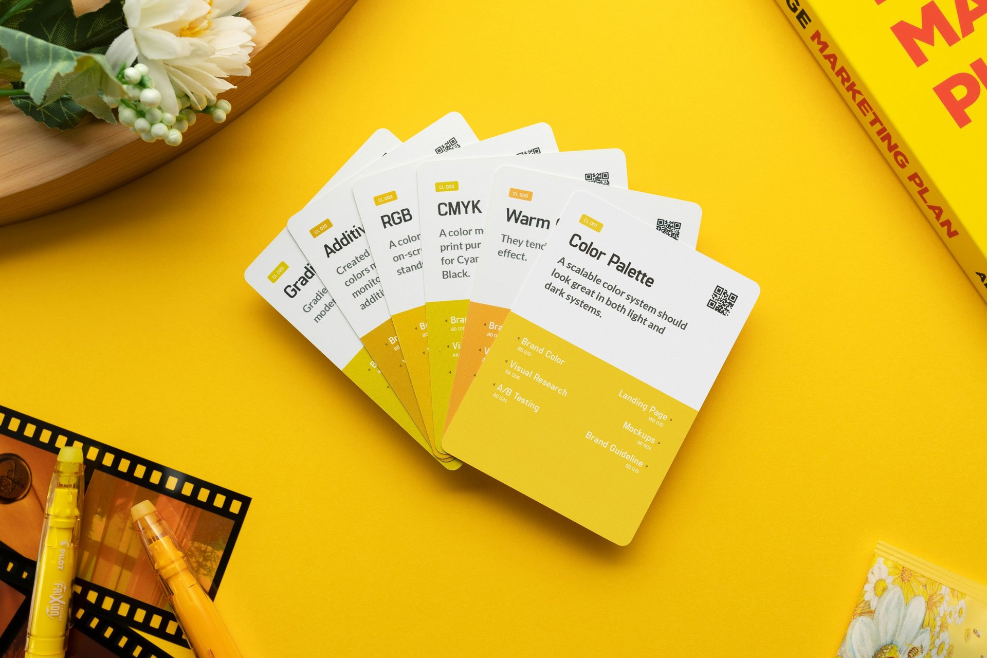 a yellow and white business card sitting on top of a yellow table