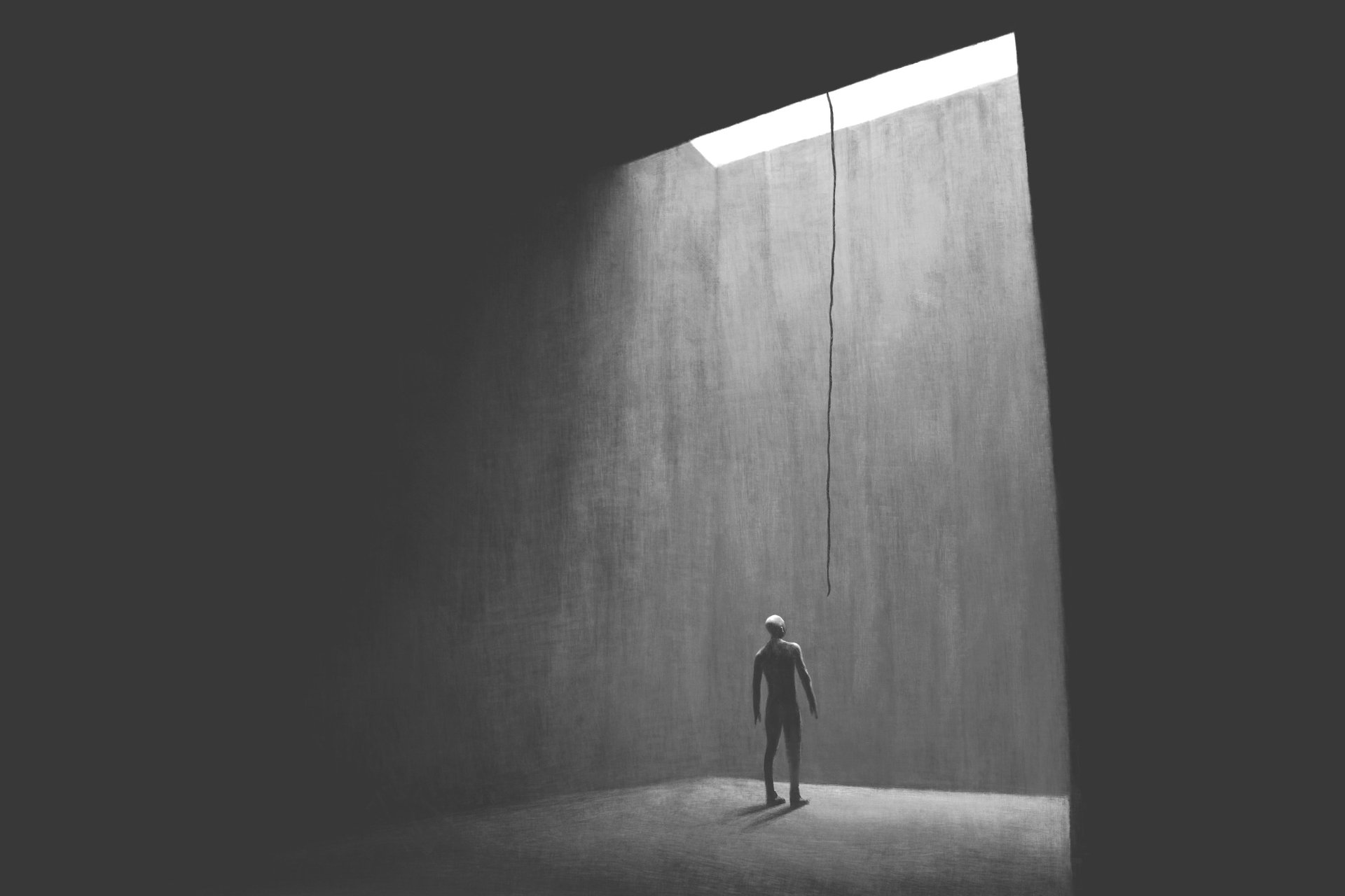 A lonely gray human in a large cellar looking up at a rope hanging from a white opening in the roof
