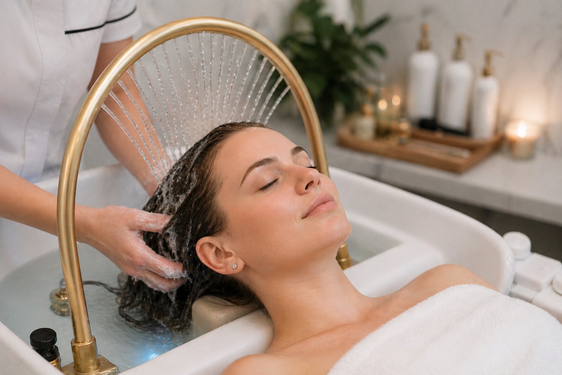 woman lying on blue towel with white cream on face