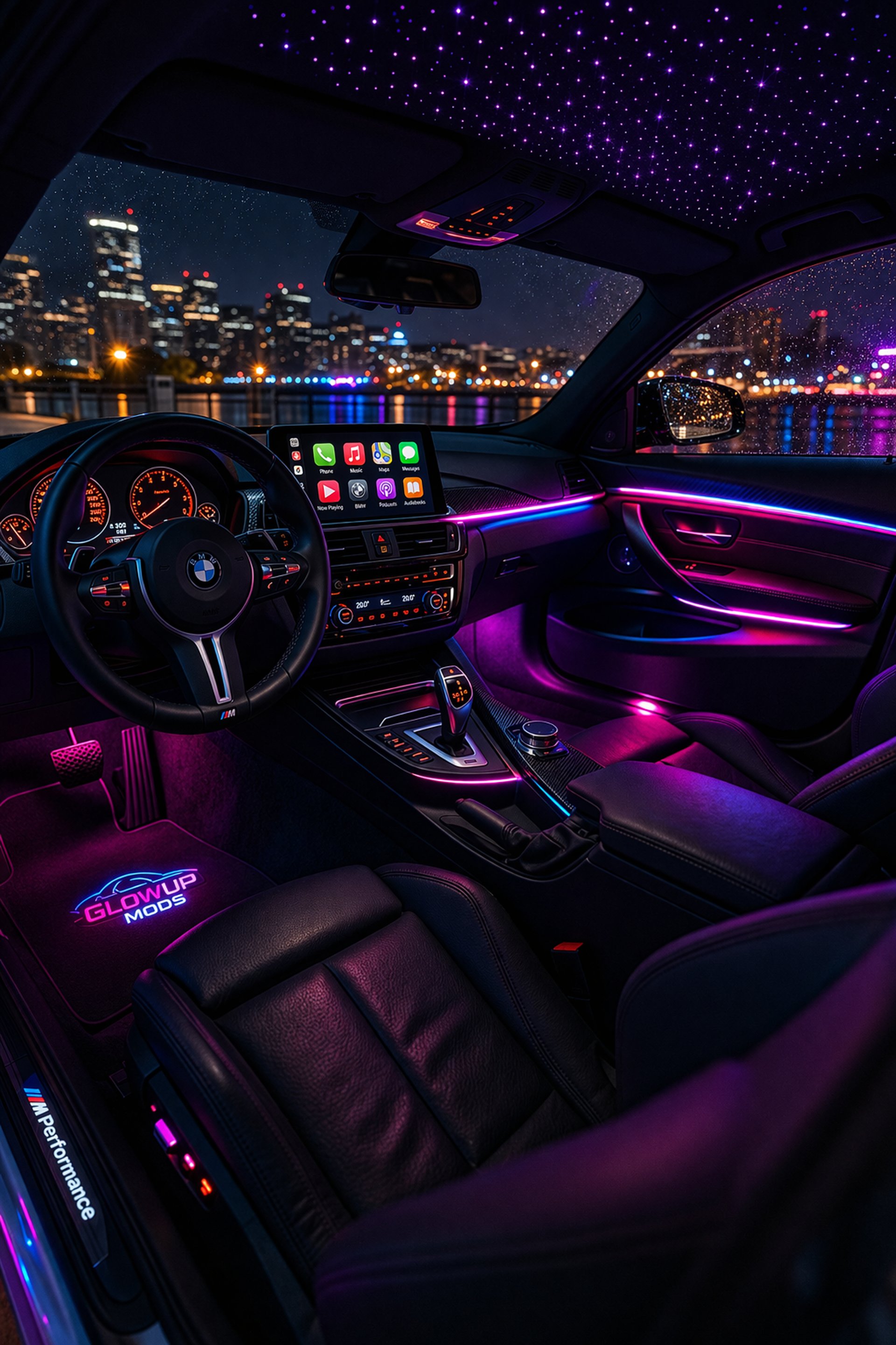 Car dashboard displaying navigation and music apps.