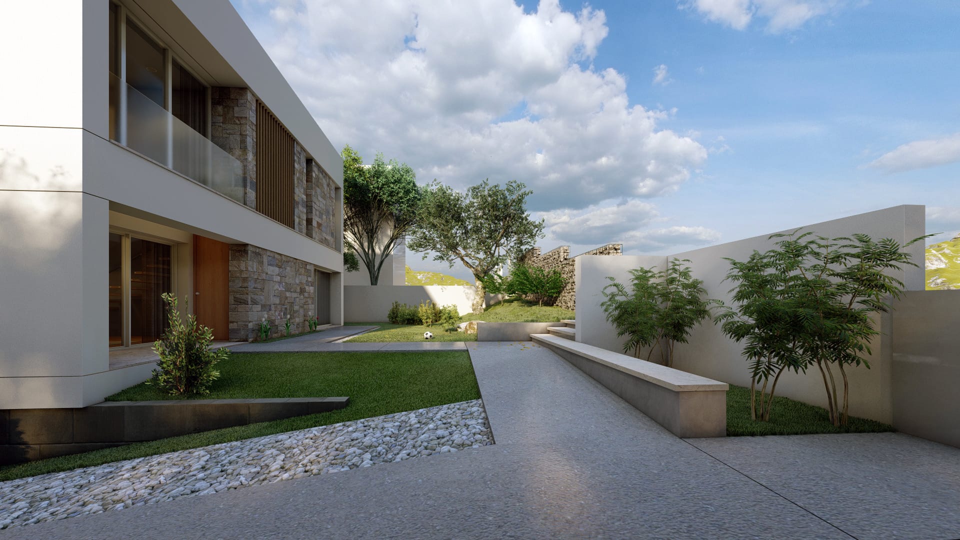 A bright, modern dining room with large windows.