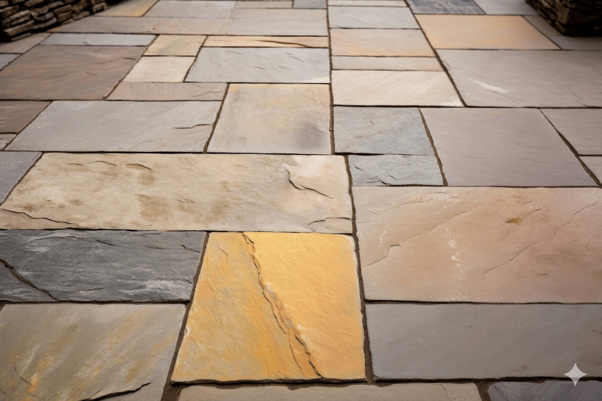 Gray interlocking paving stones with small weeds growing.