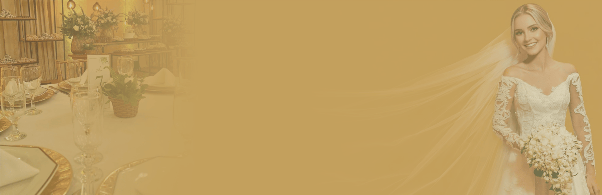 Fundo da seção de Casamentos com noiva sorrindo, véu esvoaçante e salão de eventos decorado do Vanderlei Buffet em Cascavel P