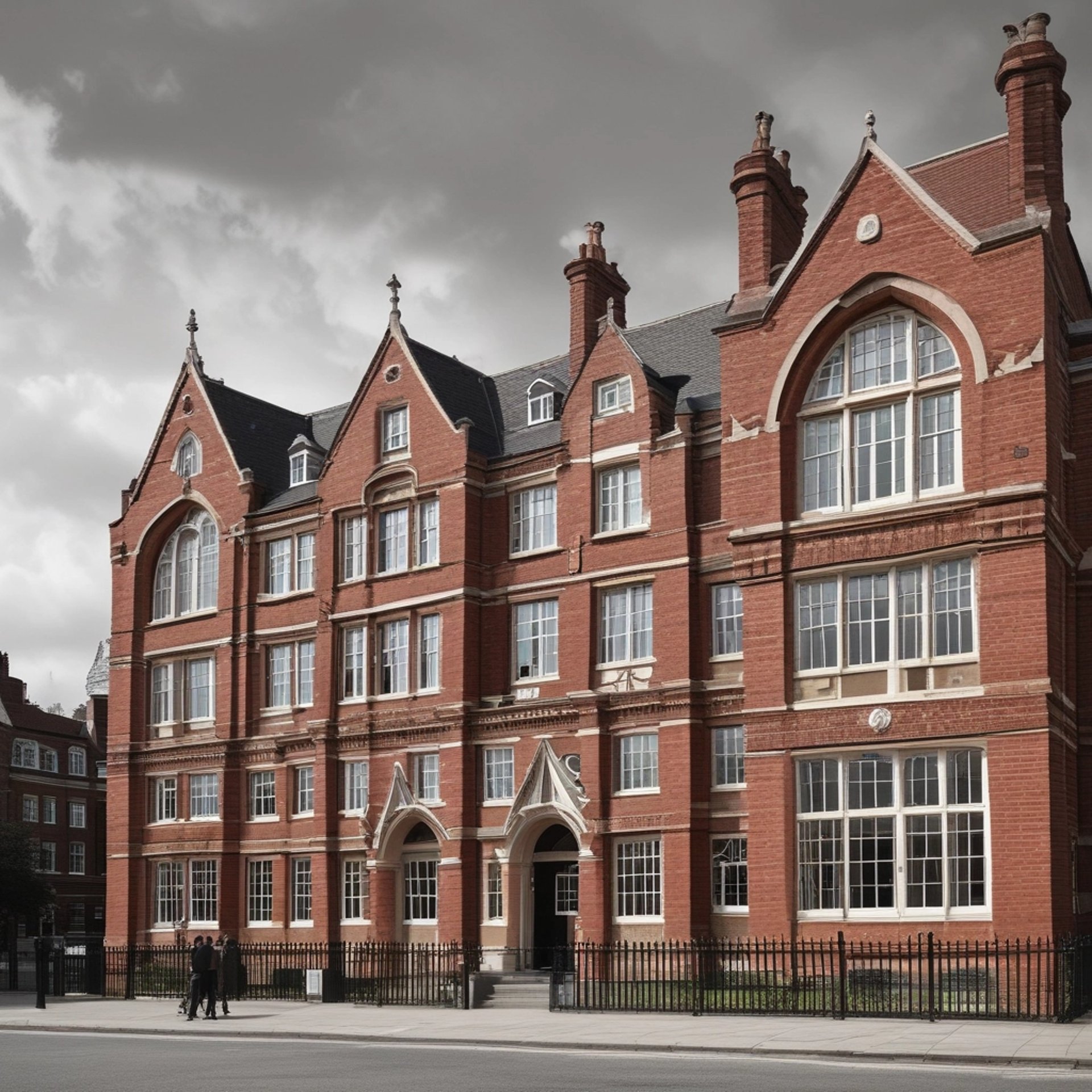 a large brick building with a metal roof