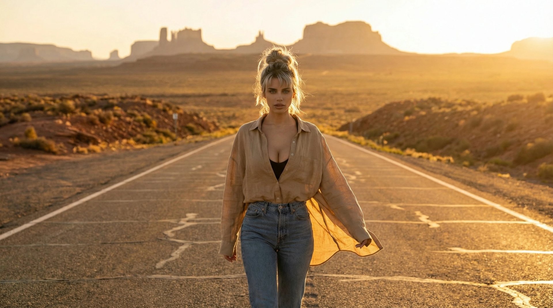 Lucy walking desert highway golden hour sunset landscape
