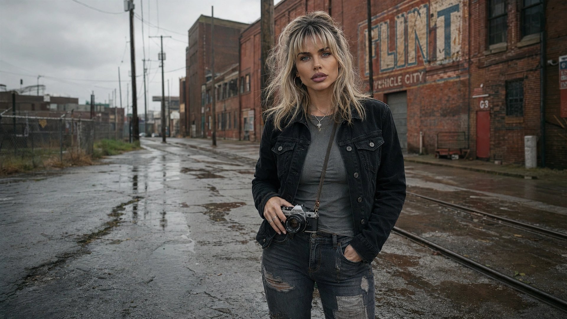 Lucy Lynn on a wet Flint industrial street with a Canon AE-1 camera, black denim jacket, and patched jeans.