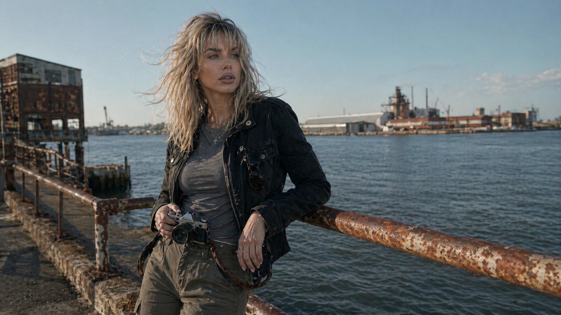 Lucy Lynn at a sunny industrial waterfront with rusted railings, windblown hair, cargo pants, and Canon AE-1 camera.