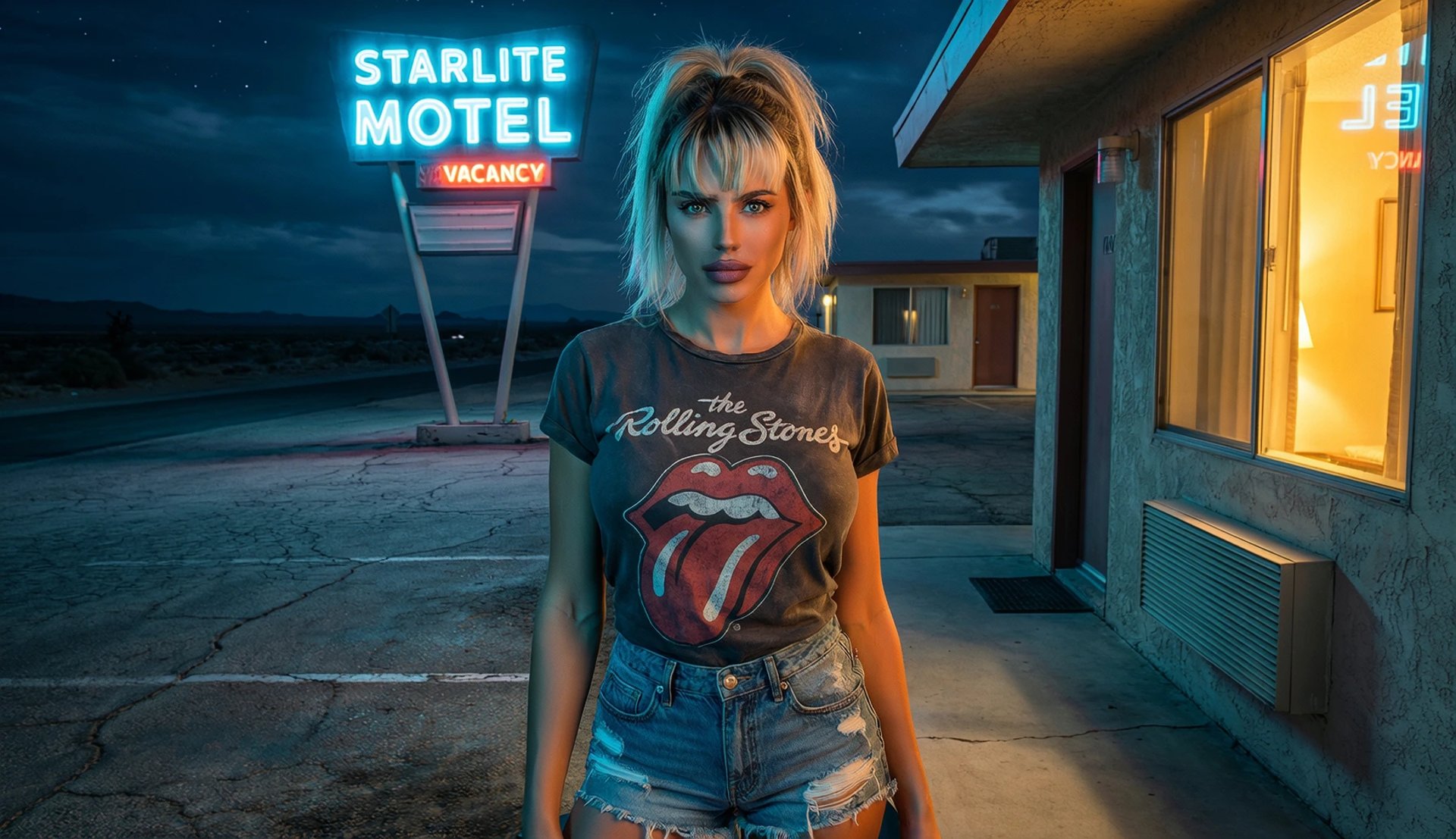 Lucy at neon motel night vintage roadside Americana scene