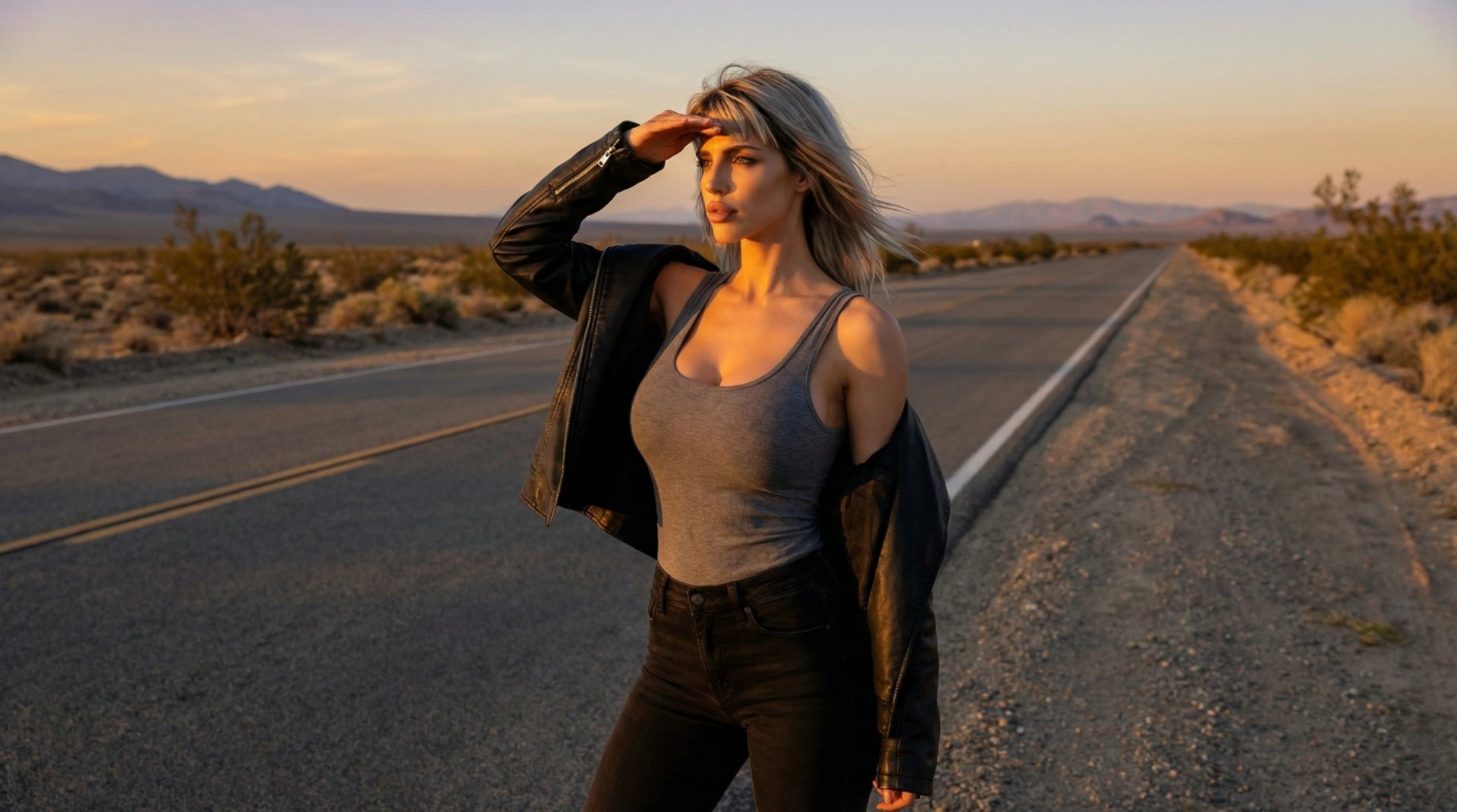 Lucy standing roadside desert landscape golden light