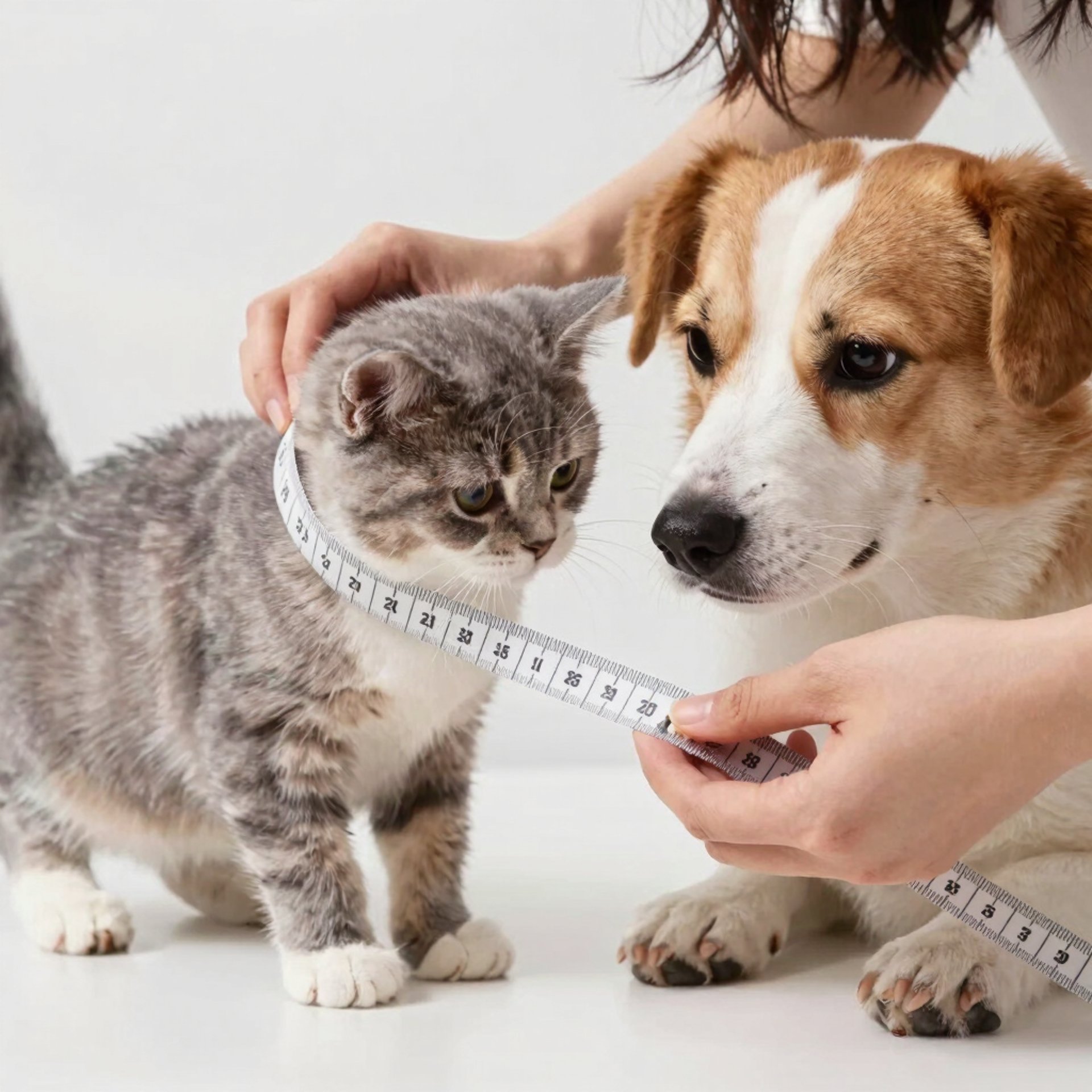 Una persona tomando medidas con cinta metrica a un perrito y un gatito