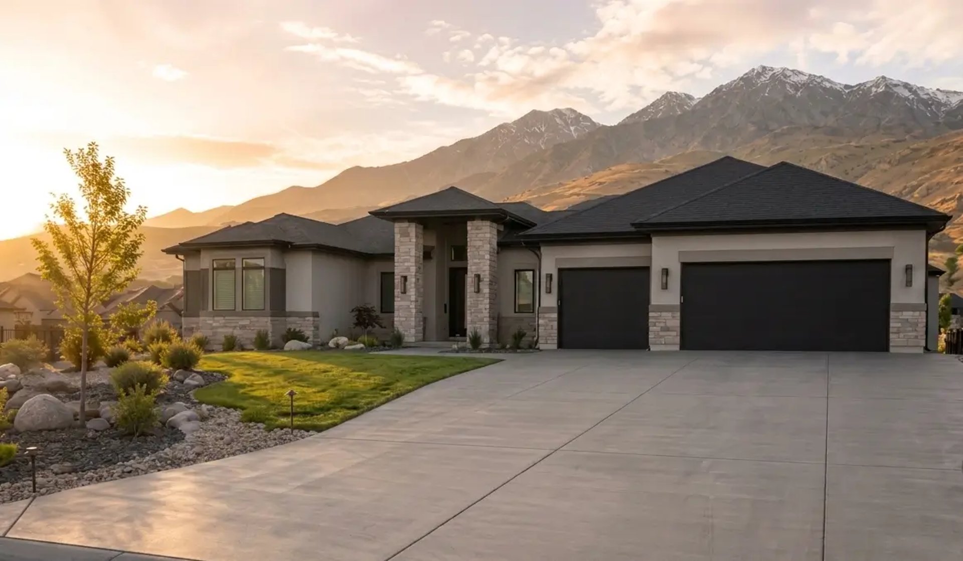 beautifully completed smooth concrete driveway at a modern suburban home in Lehi, Utah
