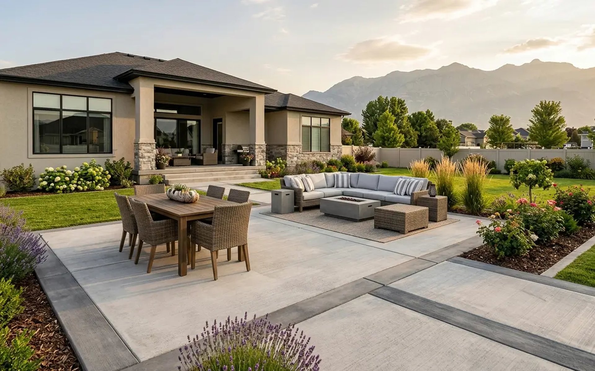 Beautifully finished concrete patio with outdoor furniture at a residential home in Lehi Utah