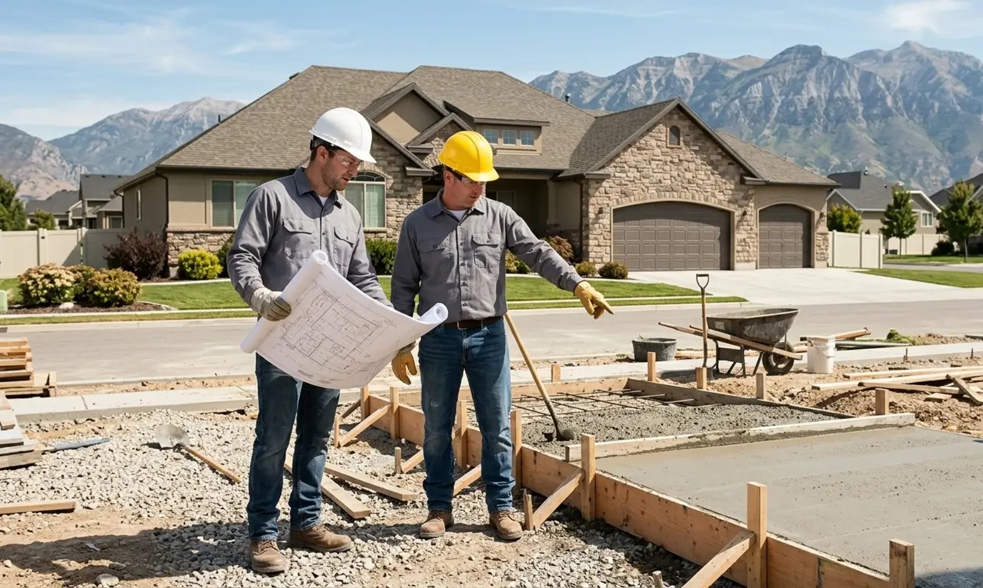 newly poured concrete driveway with a matching front walkway at a beautiful single-family home in Lehi, Utah
